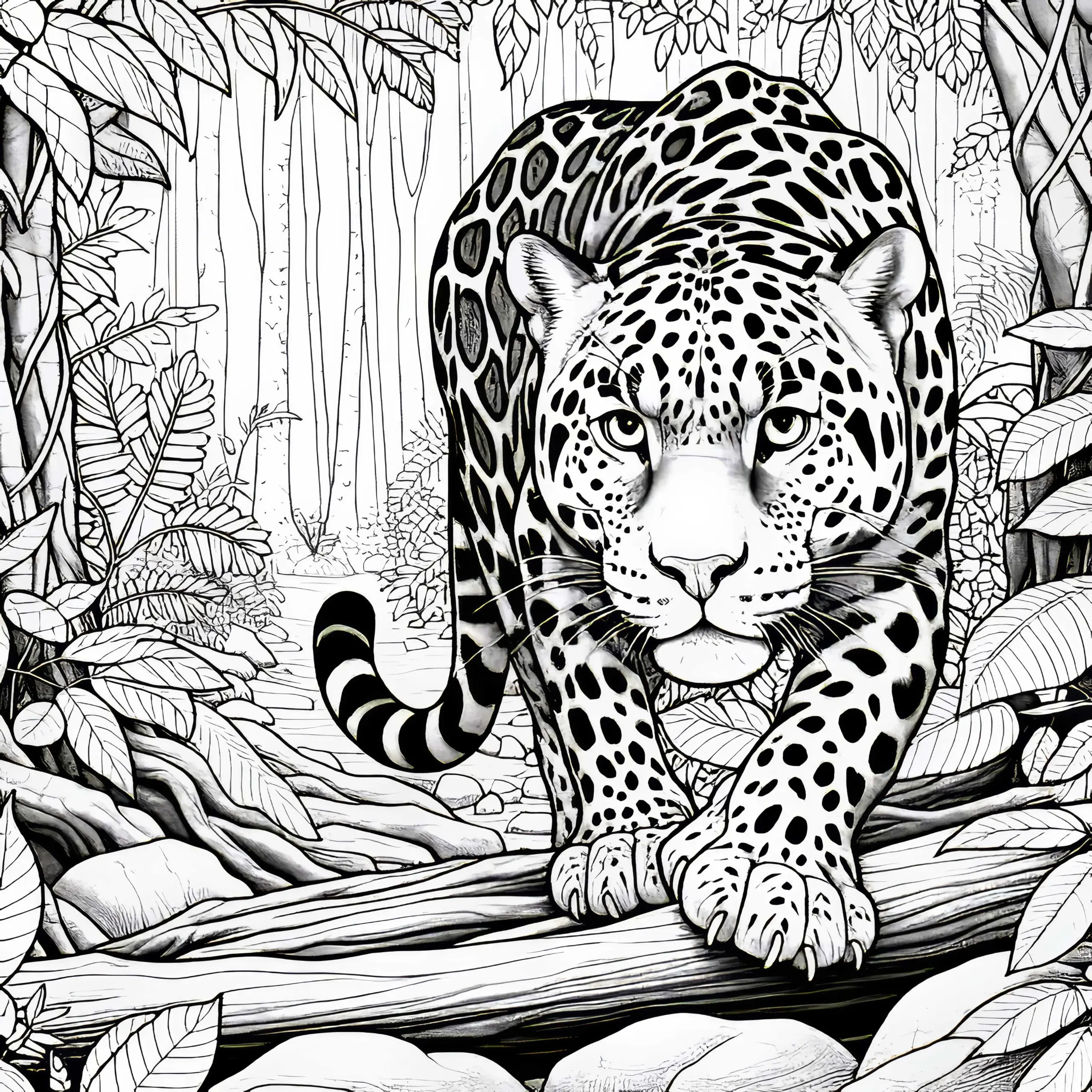 Leopard im Dschungel und späht nach Beute: Gratis Ausmalbild