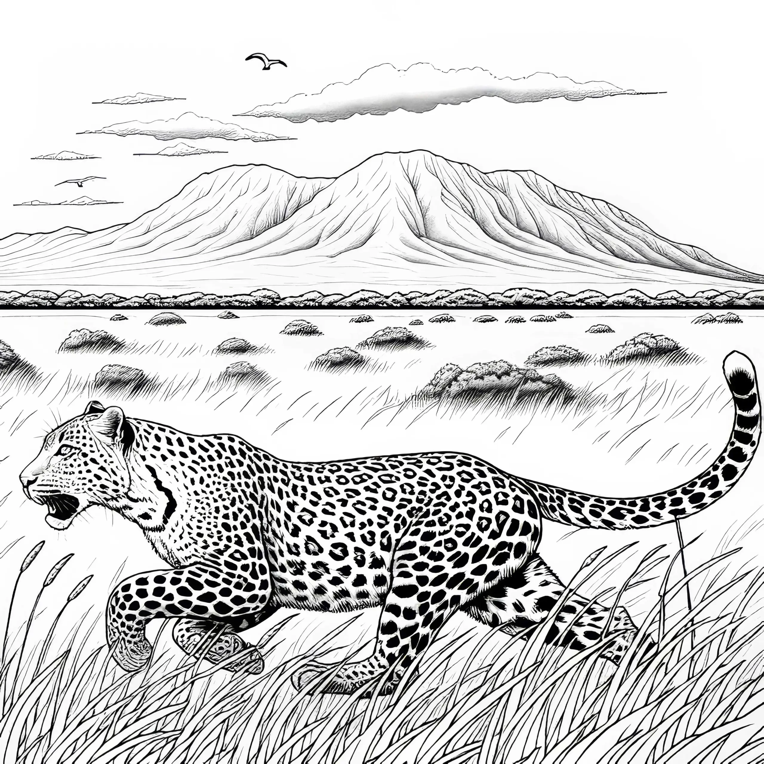 Leopard jagt durch Savanne: Detailreiche Malvorlage (Kostenlos) (Ausmalbild)