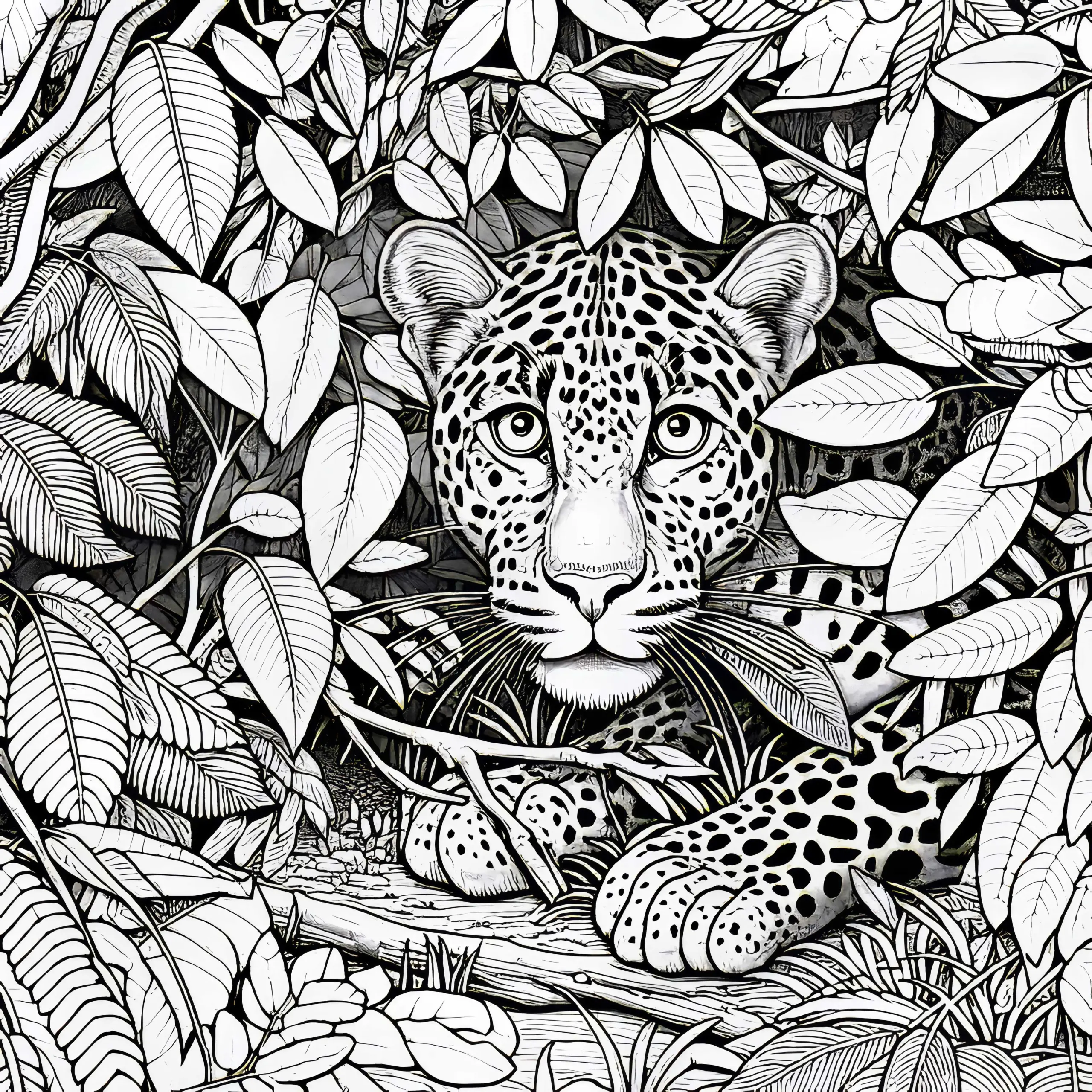 Leopard im Laub: Ausmalbild zum Herunterladen (Kostenlos)