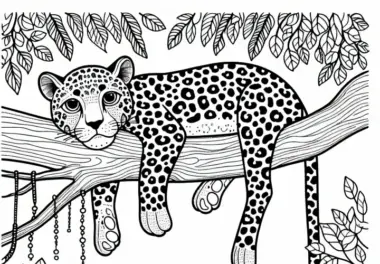 Leopard liegt auf Baumast – Malvorlage gratis