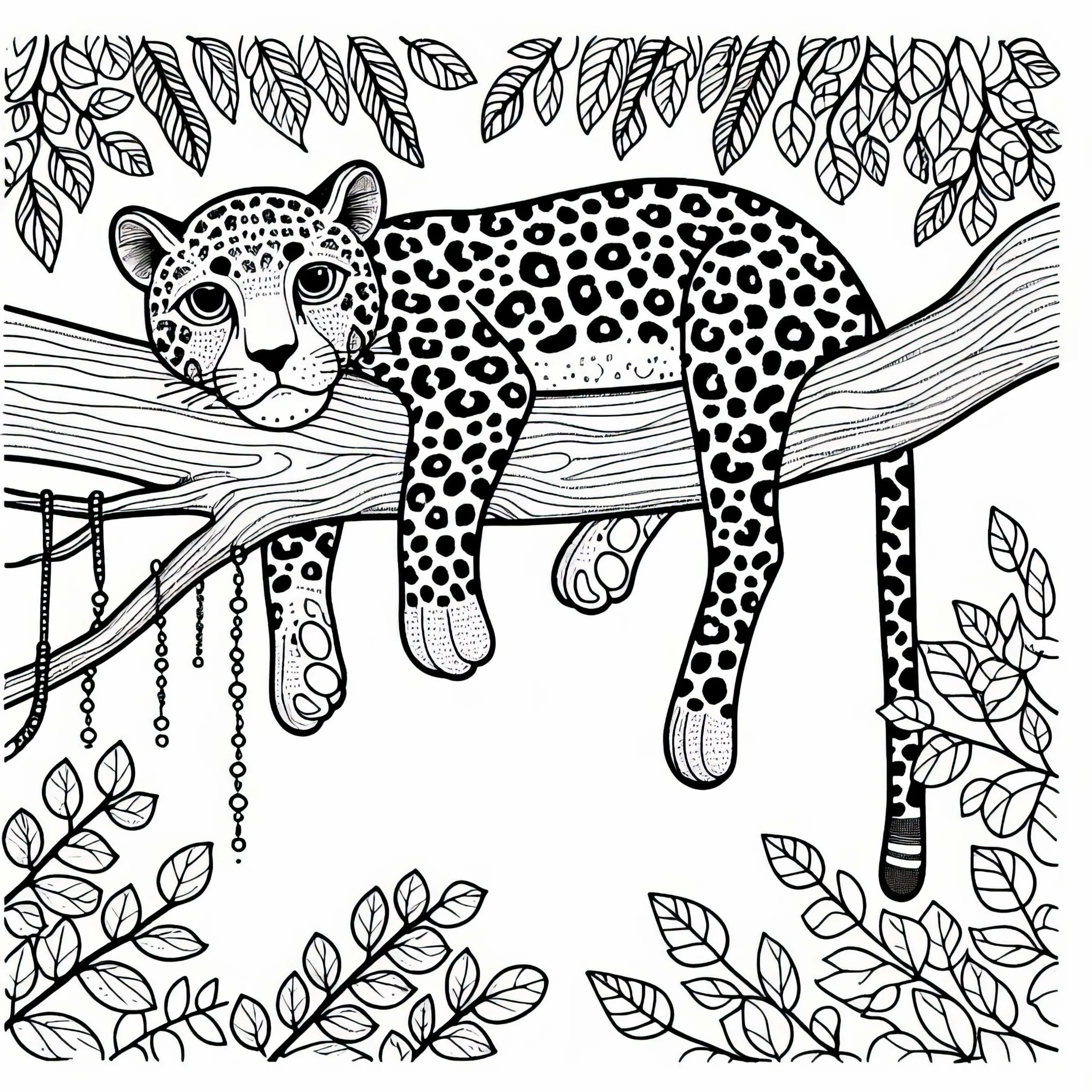 Leopard liegt auf Baumast – Malvorlage gratis (Ausmalbild)