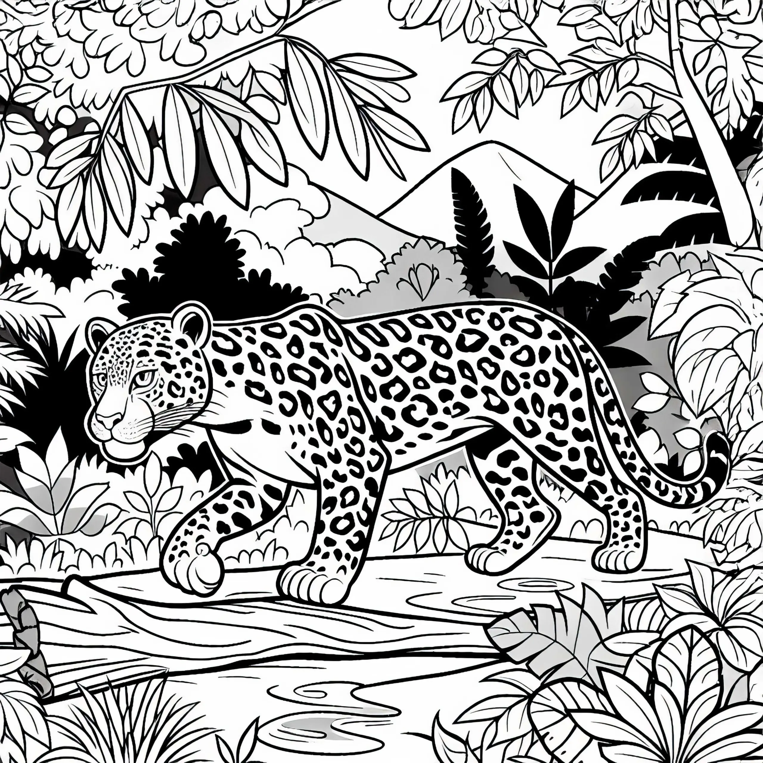 Leopard schleicht durch dichten Dschungel: Ausmalbild zum Download (Kostenlos)