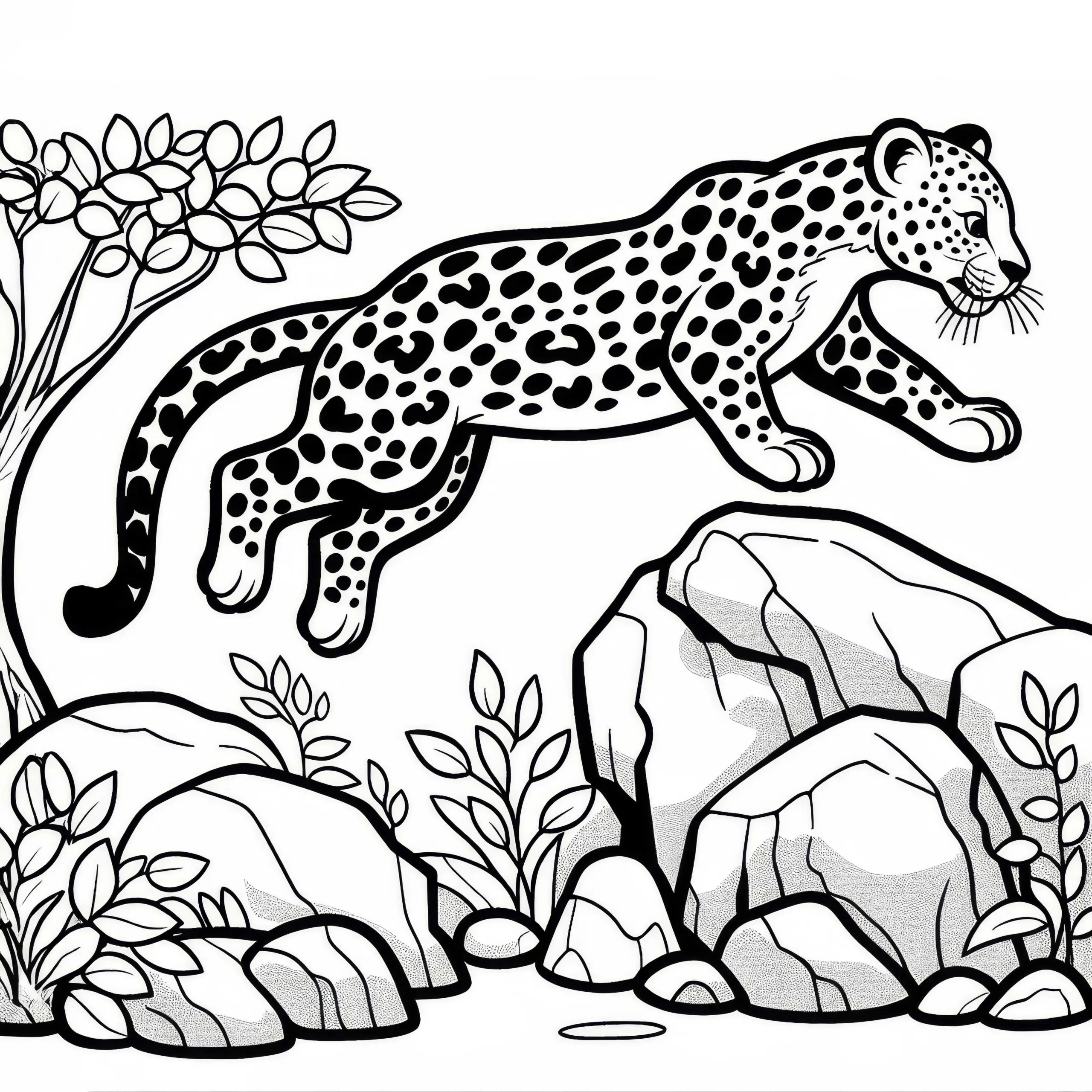 Leopard springt auf Felsen: Malvorlage zum Download (Kostenlos) (Ausmalbild)