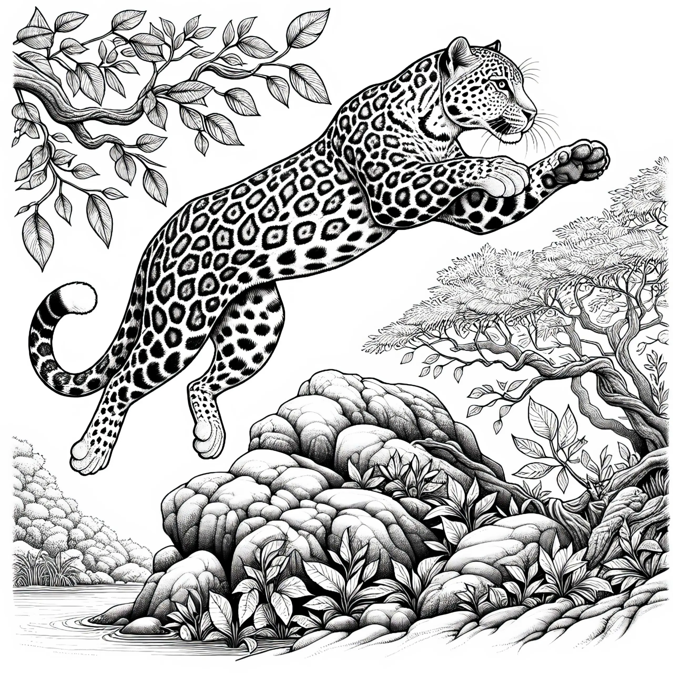 Leopard im Sprung: Malvorlage zum Herunterladen (Gratis) (Ausmalbild)