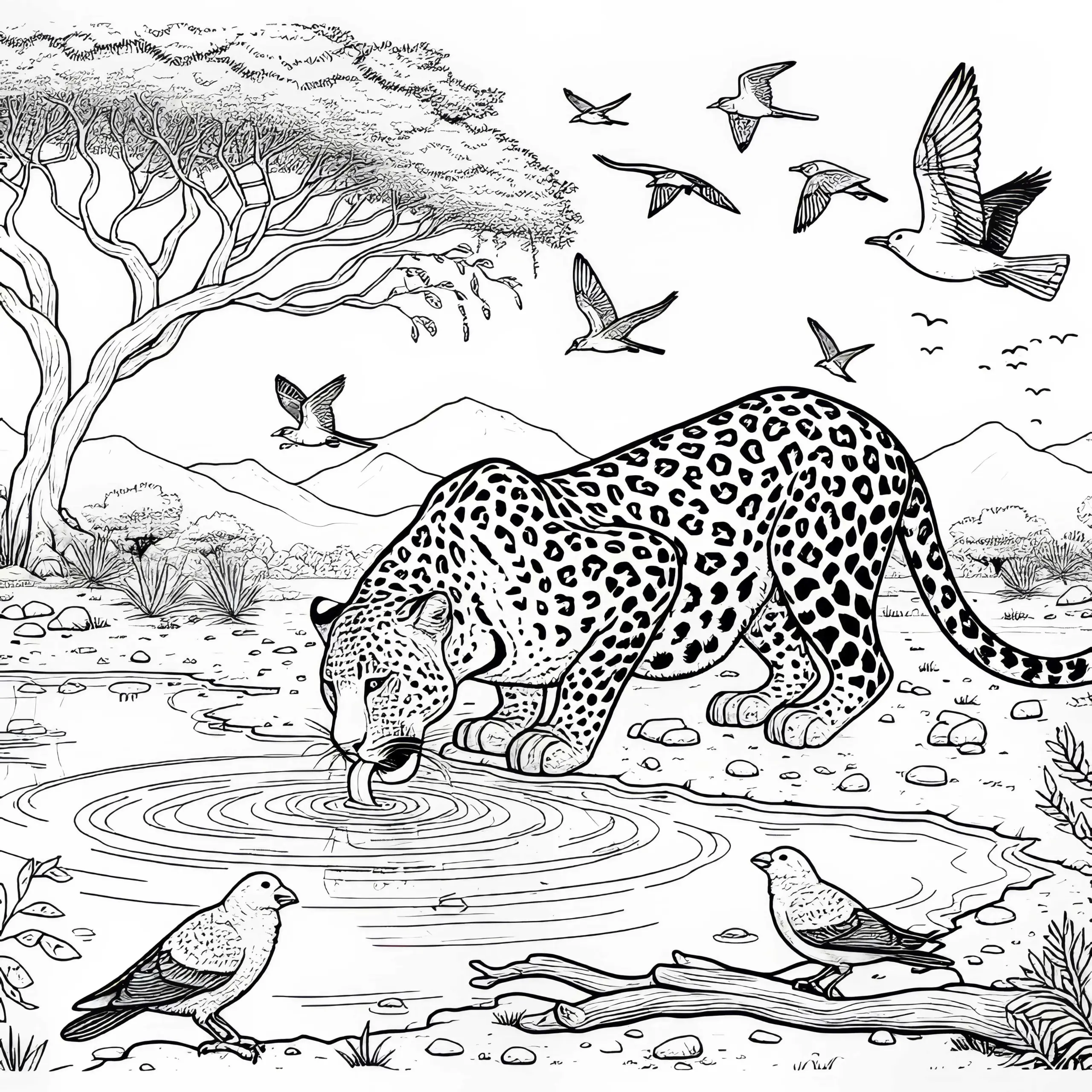 Leopard trinkt an Wasserloch: Detailreiche Malvorlage (Gratis) (Ausmalbild)