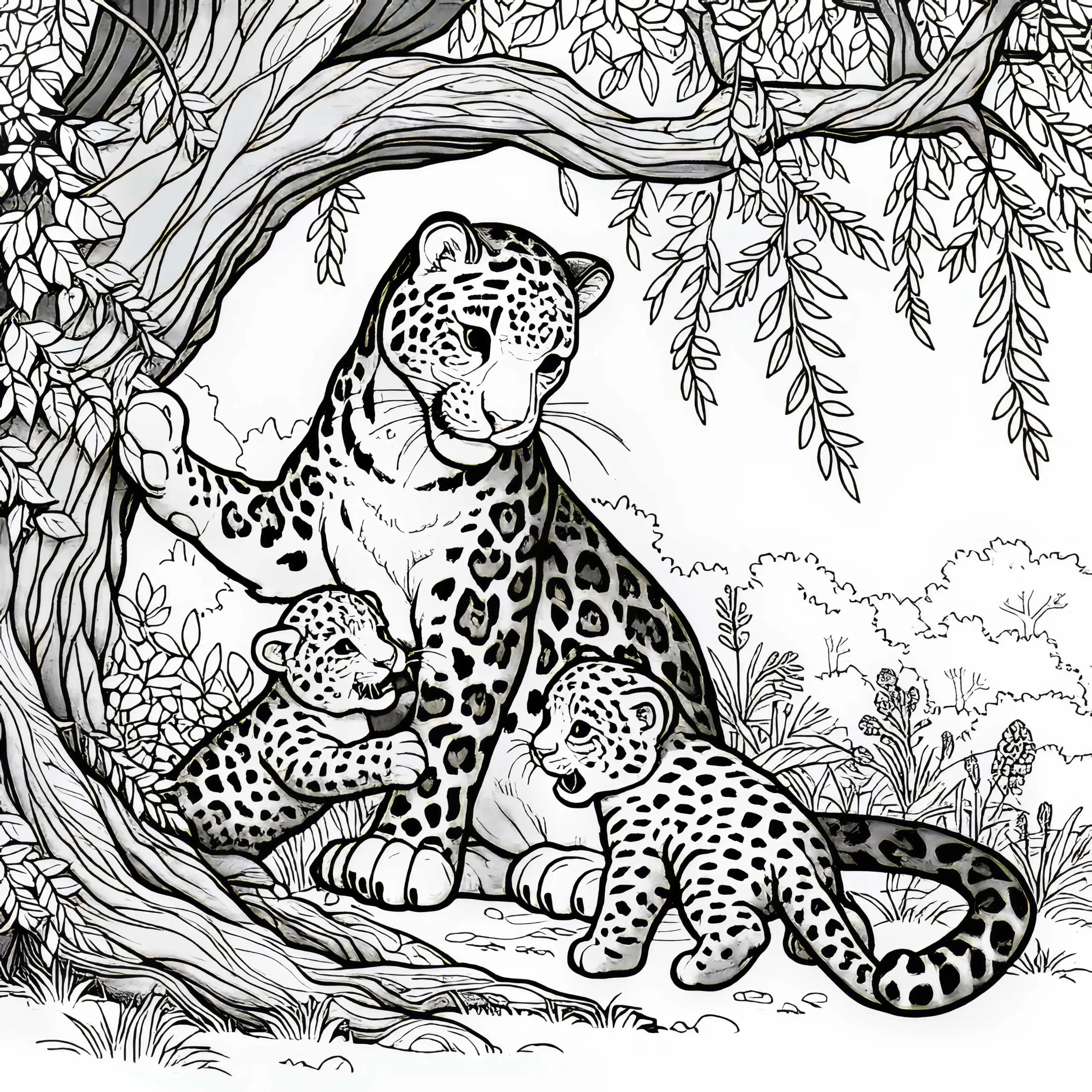 Leopardin mit ihren Jungen unter einem Baum: Detailreiche Malvorlage (Kostenlos) (Ausmalbild)