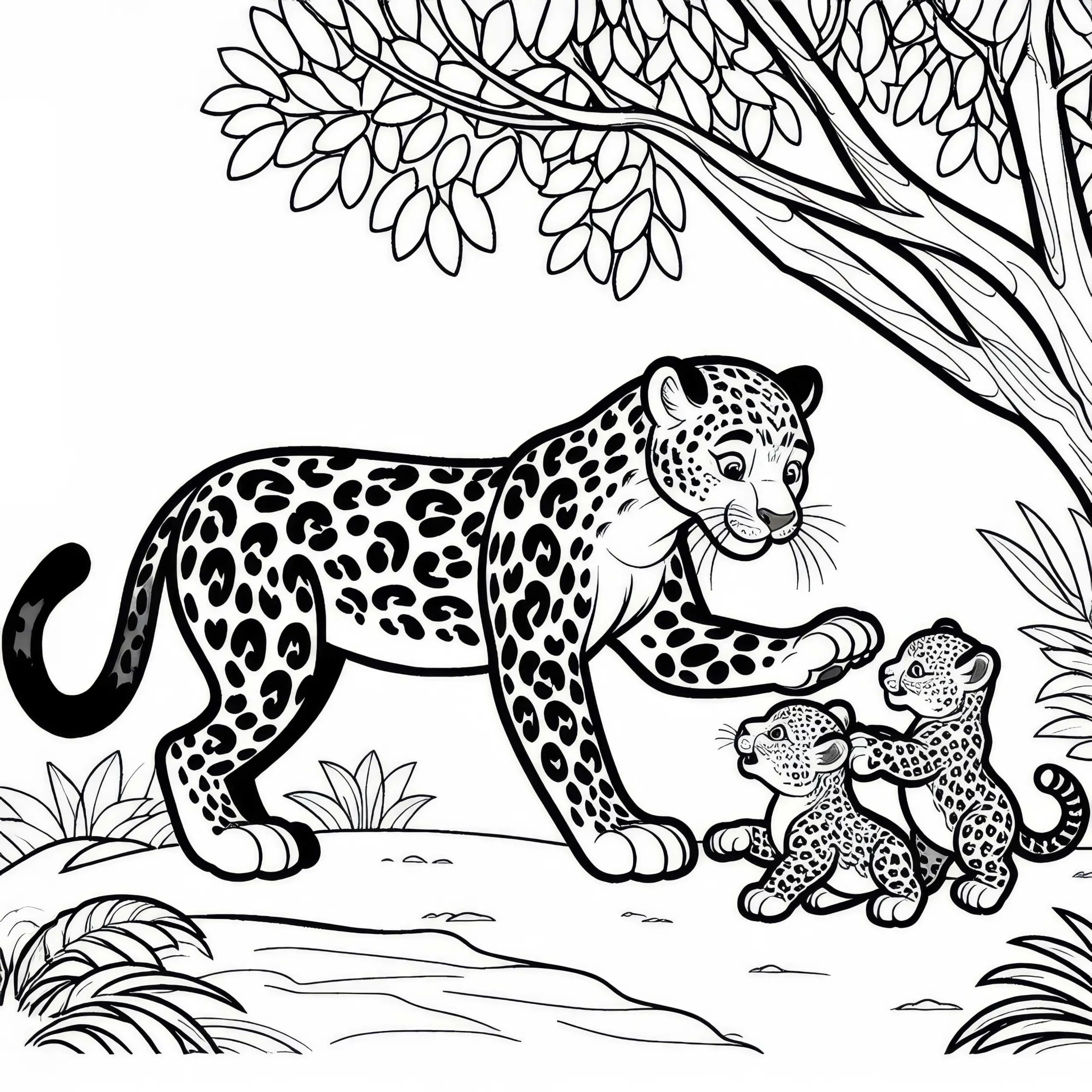Leopardin spielt mit ihren Jungen unter einem Baum: Kostenloses Ausmalbild