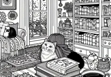 Leseecke mit Bücherregal, Katze, Teetasse – Malvorlage für Mädchen ab neun (gratis)