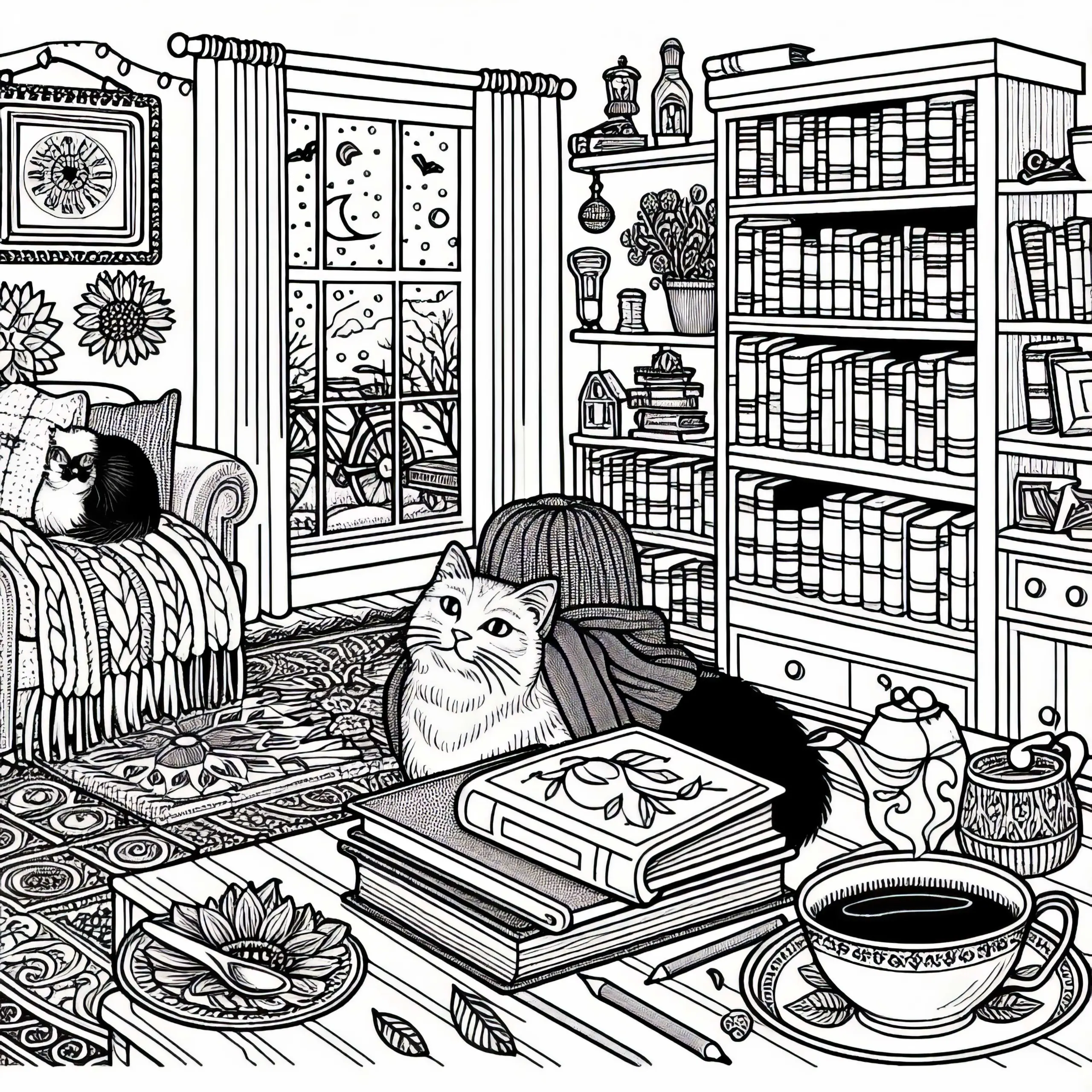 Leseecke mit Bücherregal, Katze, Teetasse – Malvorlage für Mädchen ab neun (gratis) (Ausmalbild)