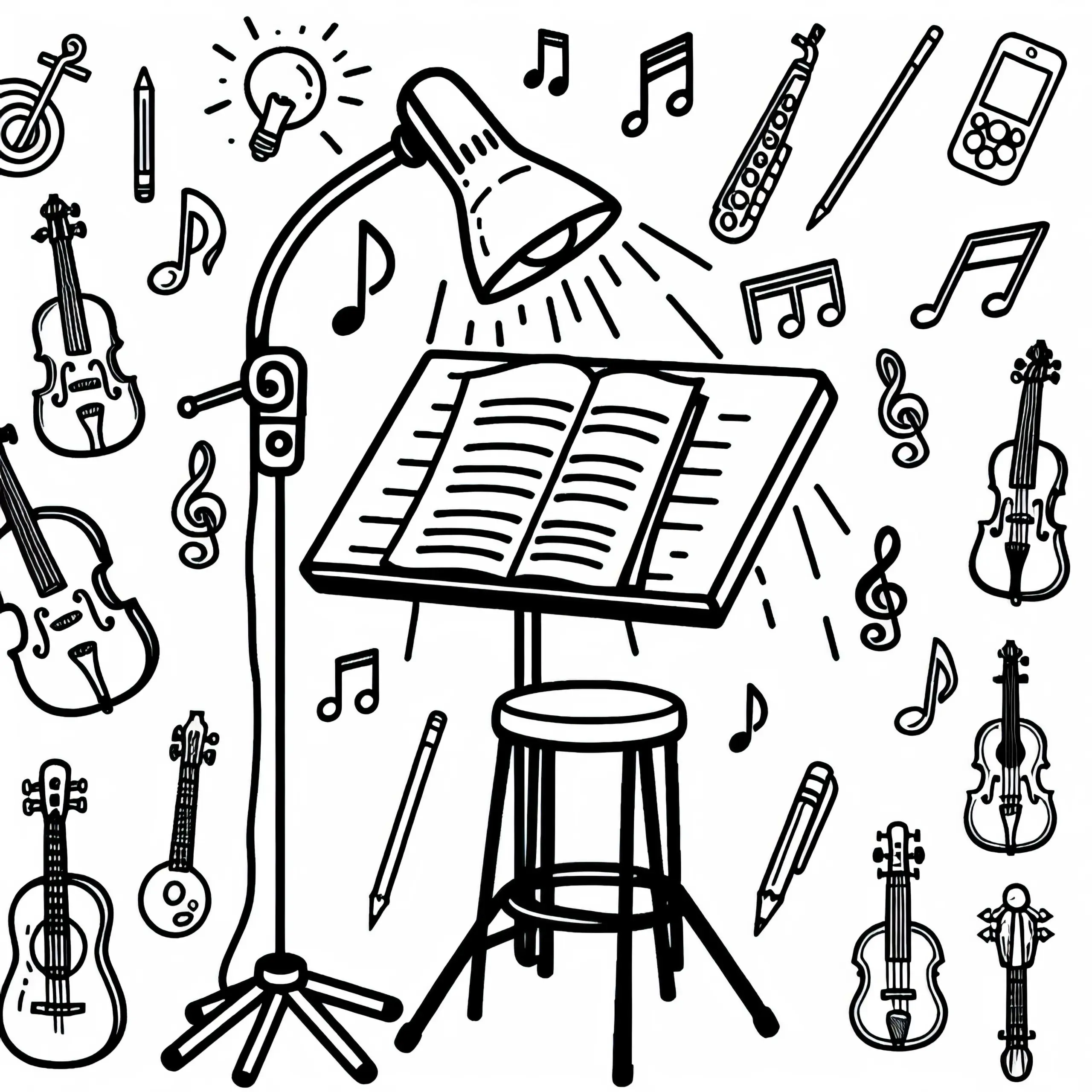 Ausmalbild einer Leseleuchte für Noten – Kostenloses Zubehör für Musikinstrumente