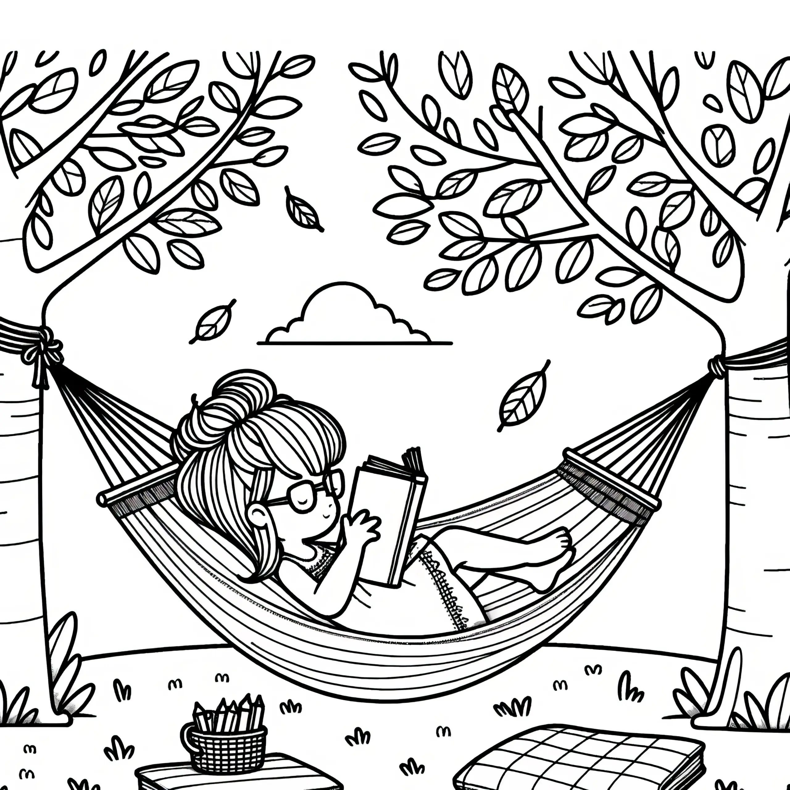 Lesen in der Hängematte im Garten: Malvorlage zum Download (Gratis) (Ausmalbild)
