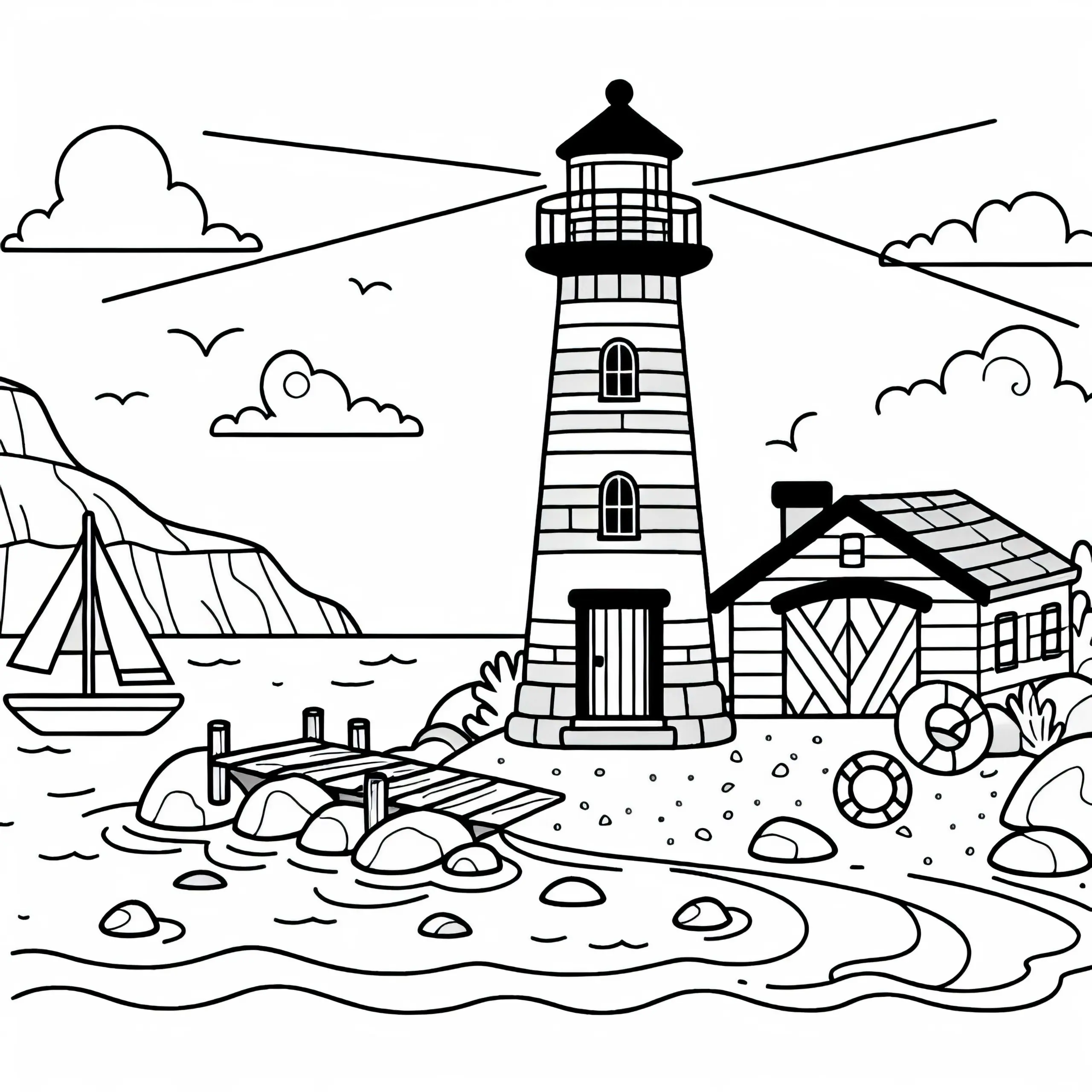 Leuchtturm am Meer – Malvorlage Küstenlandschaft Kostenlos (Ausmalbild)