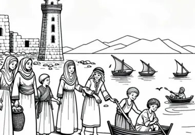 Leuchtturm von Alexandria: Kinder spielen am Ufer – Ausmalbild Weltwunder kostenlos