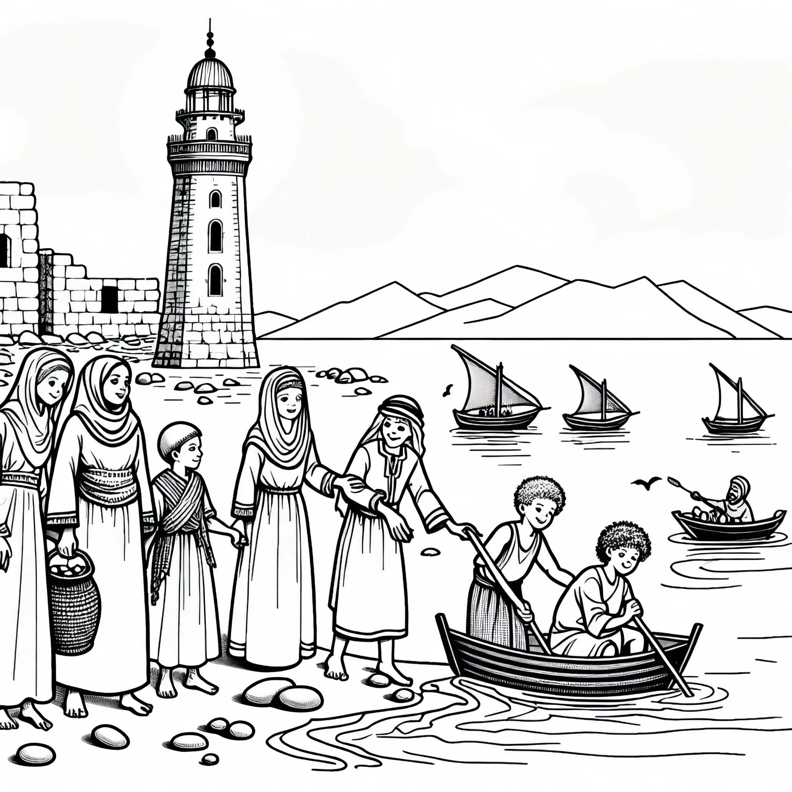 Leuchtturm von Alexandria: Kinder spielen am Ufer – Ausmalbild Weltwunder kostenlos