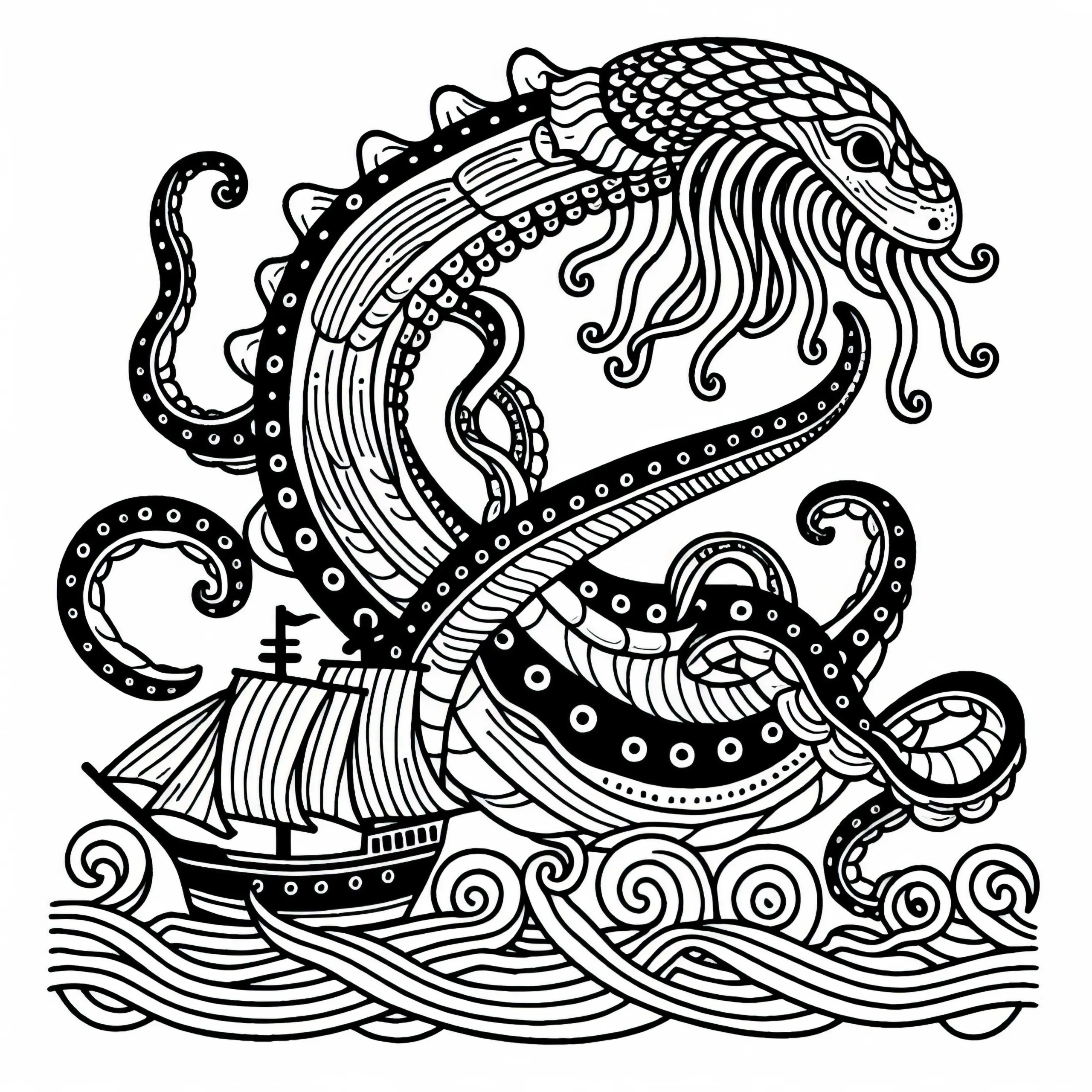 Leviathan greift Schiff an – Ausmalbild kostenlos