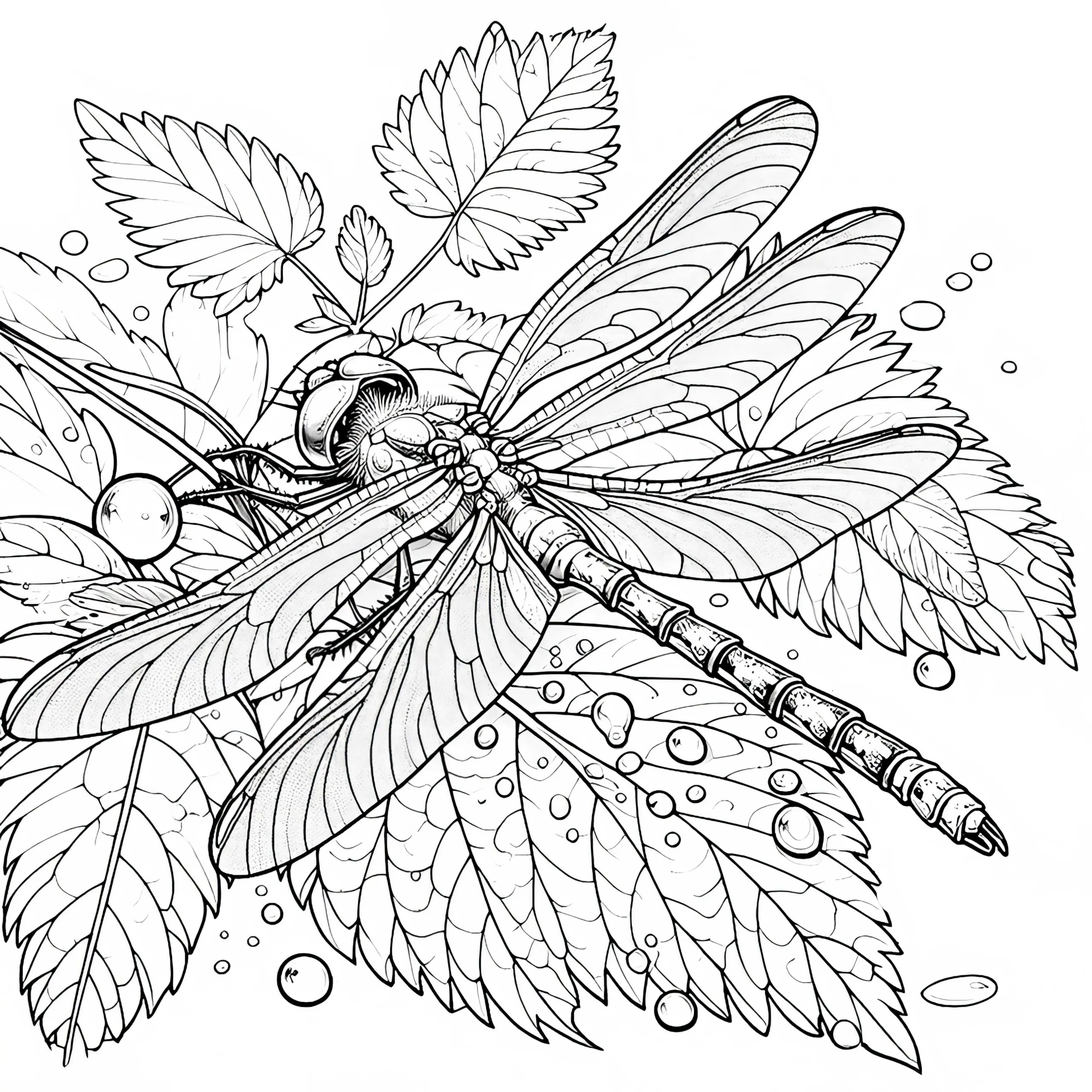 Libelle auf Blatt mit Tautropfen: Ausmalbild zum Herunterladen (Gratis)