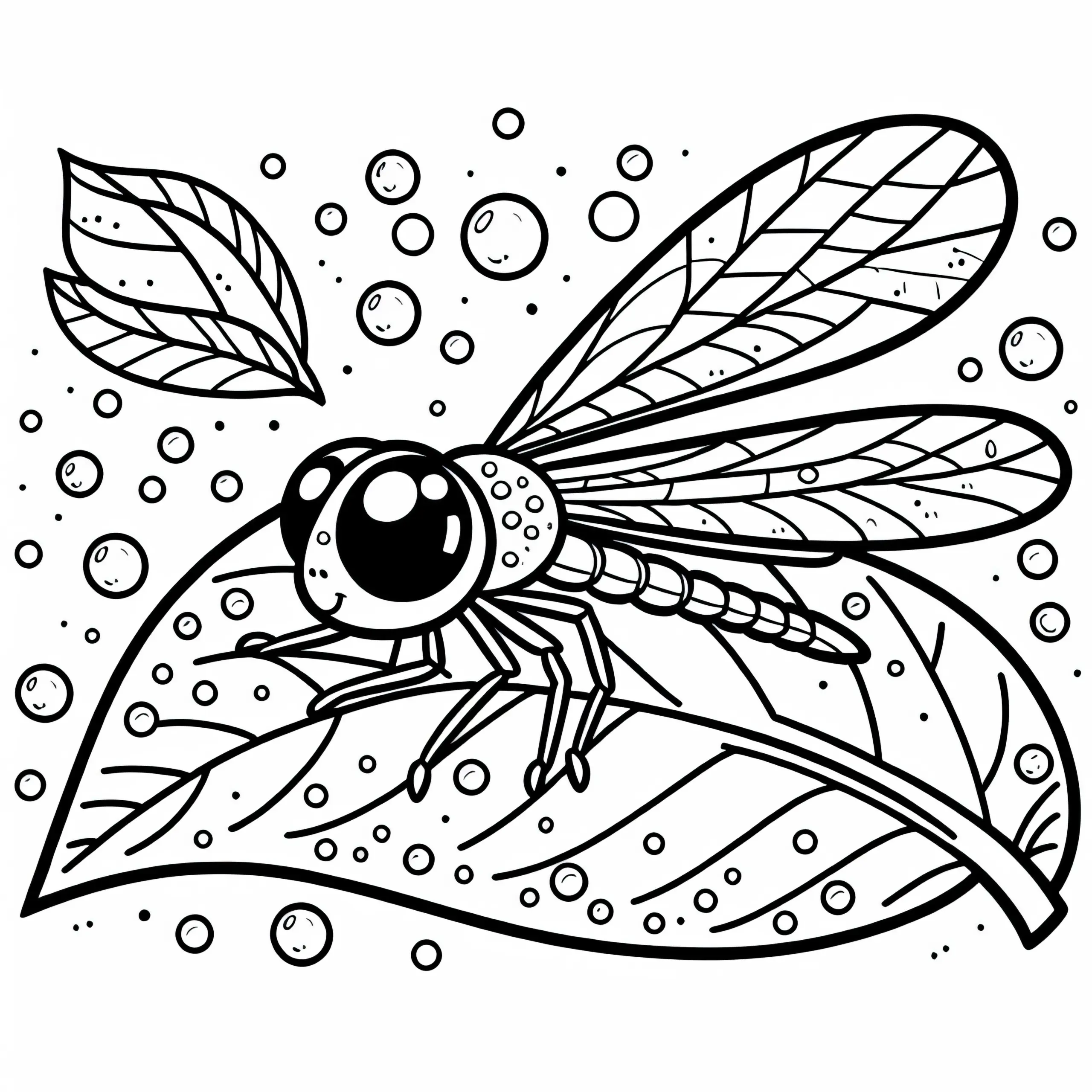 Libelle auf Blatt mit Tautropfen: Malvorlage zum Download (Kostenlos) (Ausmalbild)