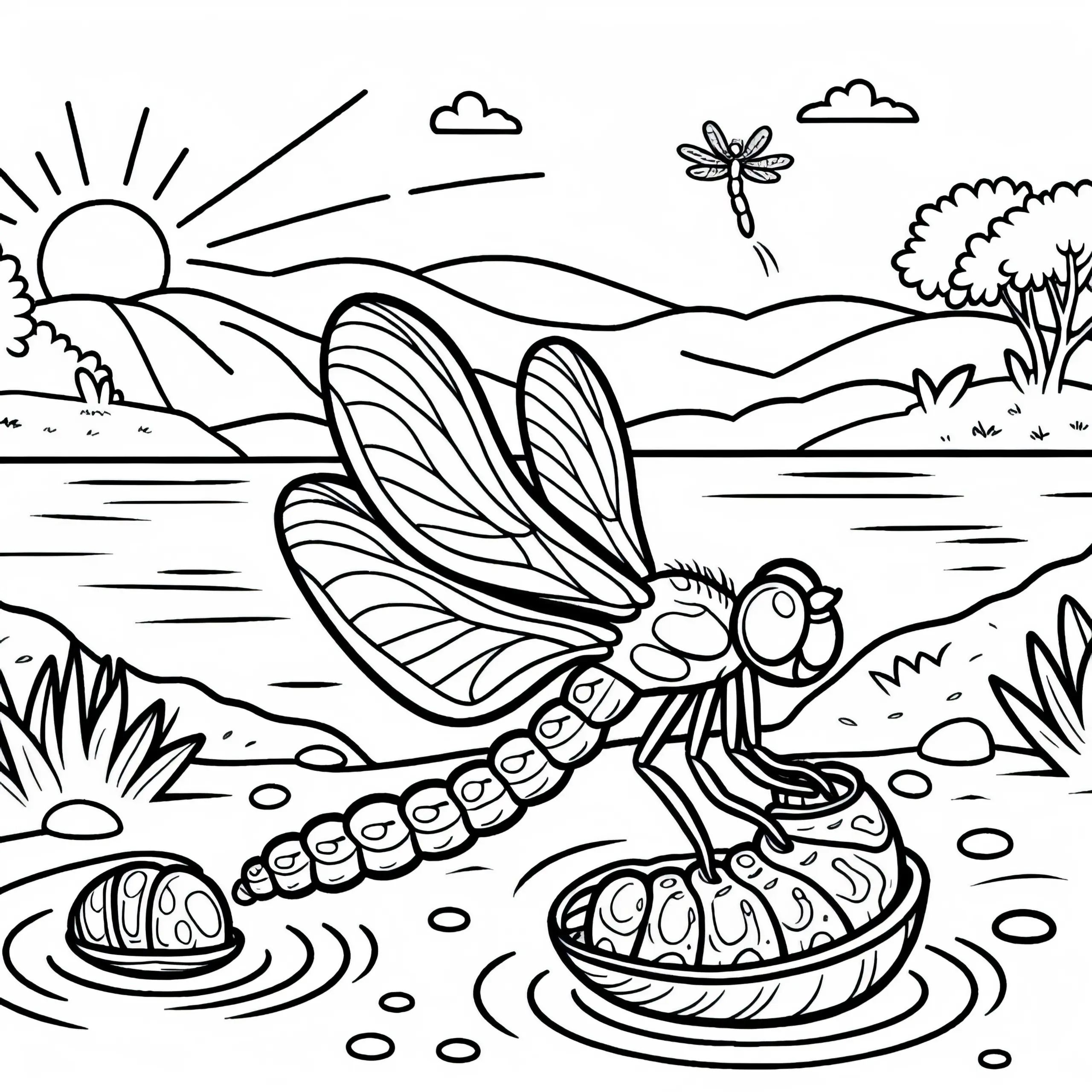 Libelle schlüpft aus Larvenhülle am Ufer: Ausmalbild zum Herunterladen (Gratis)