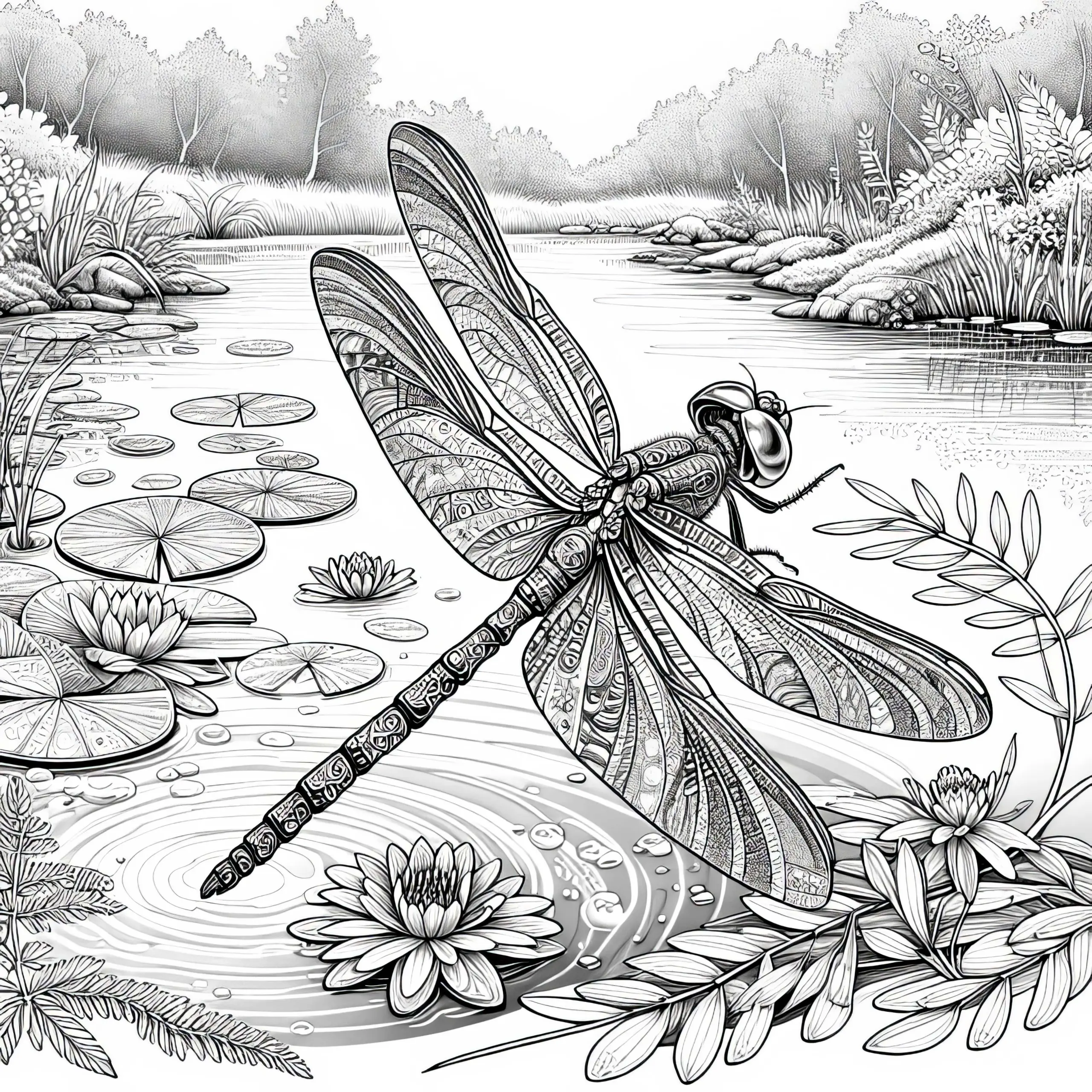 Libelle schwirrt über einem Teich: Ausmalbild zum Herunterladen (Kostenlos)