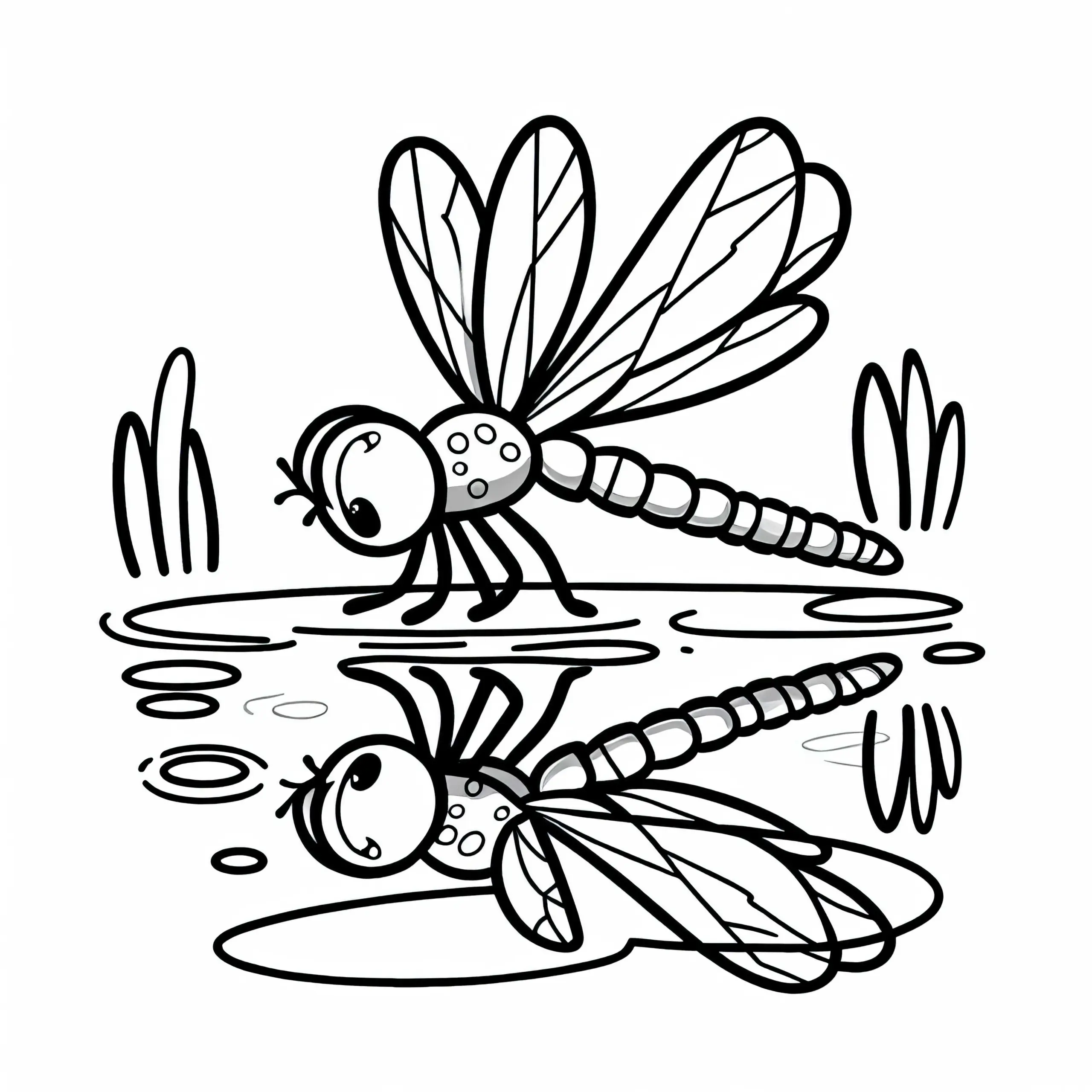 Libelle auf einem See: Malvorlage zum Herunterladen (Kostenlos) (Ausmalbild)