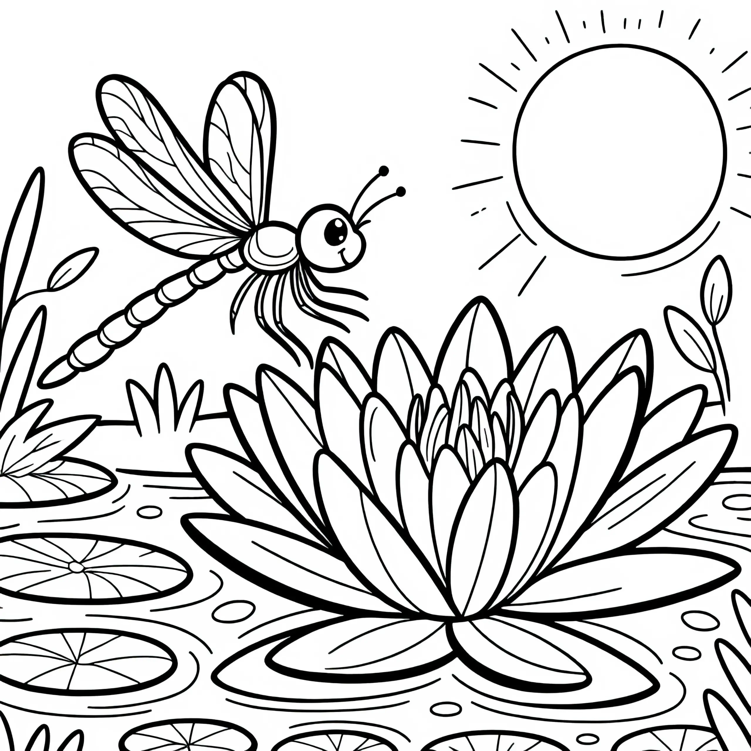 Libelle auf Seerose: Malvorlage zum Herunterladen (Kostenlos) (Ausmalbild)