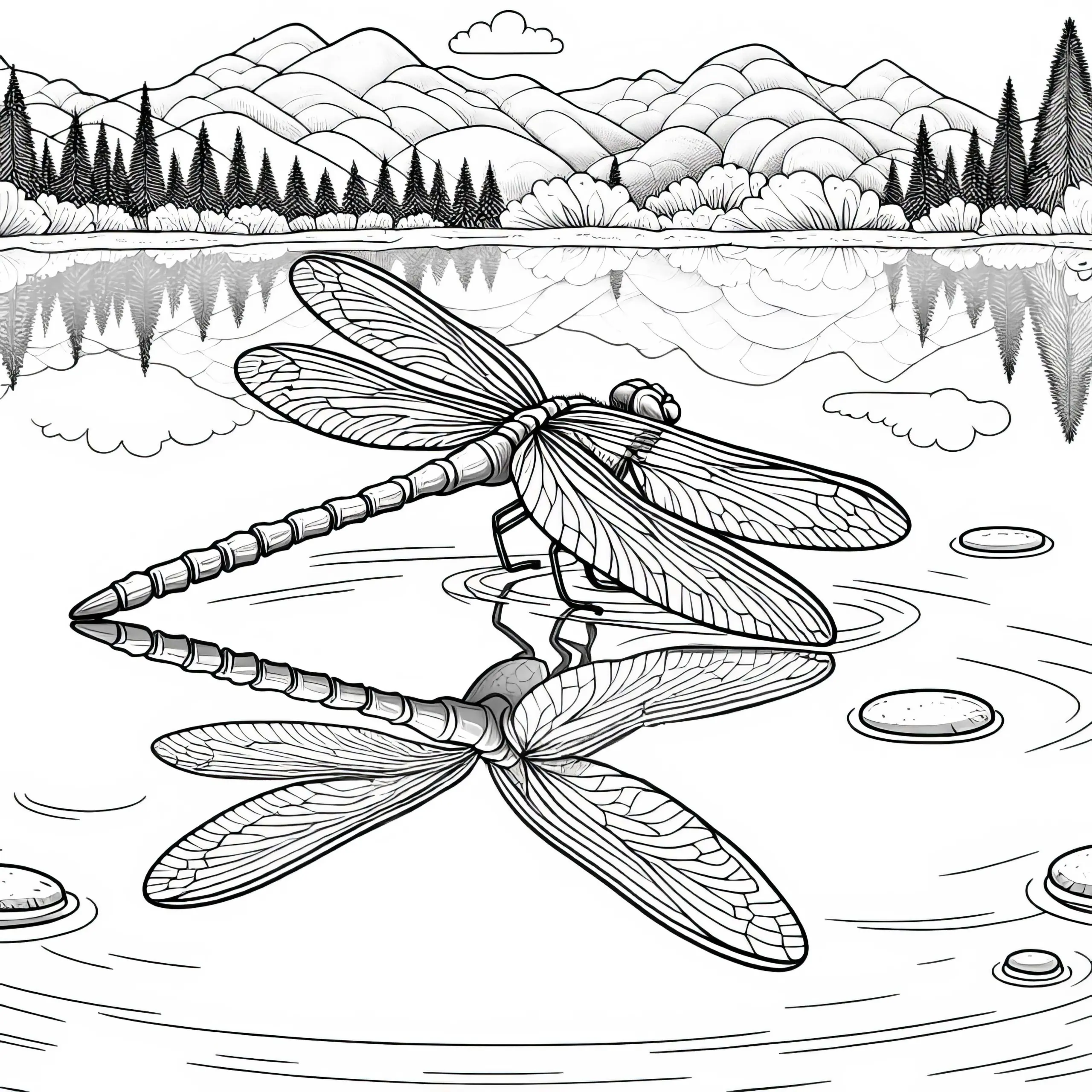 Libelle, spiegelt sich auf Oberfläche eines Sees: Detailreiche Malvorlage zum Ausdrucken (Kostenlos) (Ausmalbild)