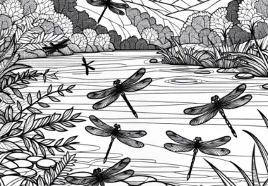 Libellen fliegen über Wasser einer Flusslandschaft – kostenloses Ausmalbild