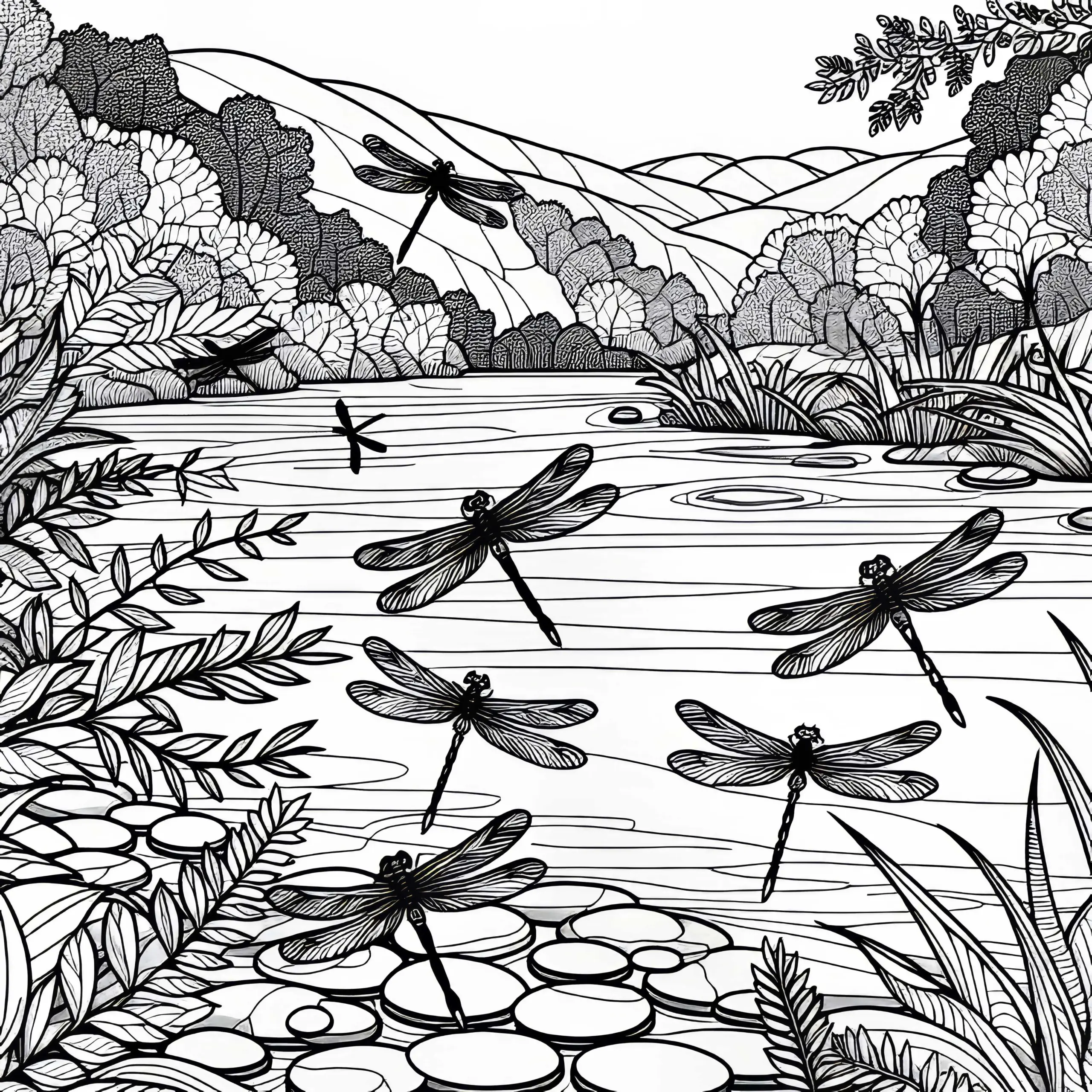 Libellen fliegen über Wasser einer Flusslandschaft – kostenloses Ausmalbild