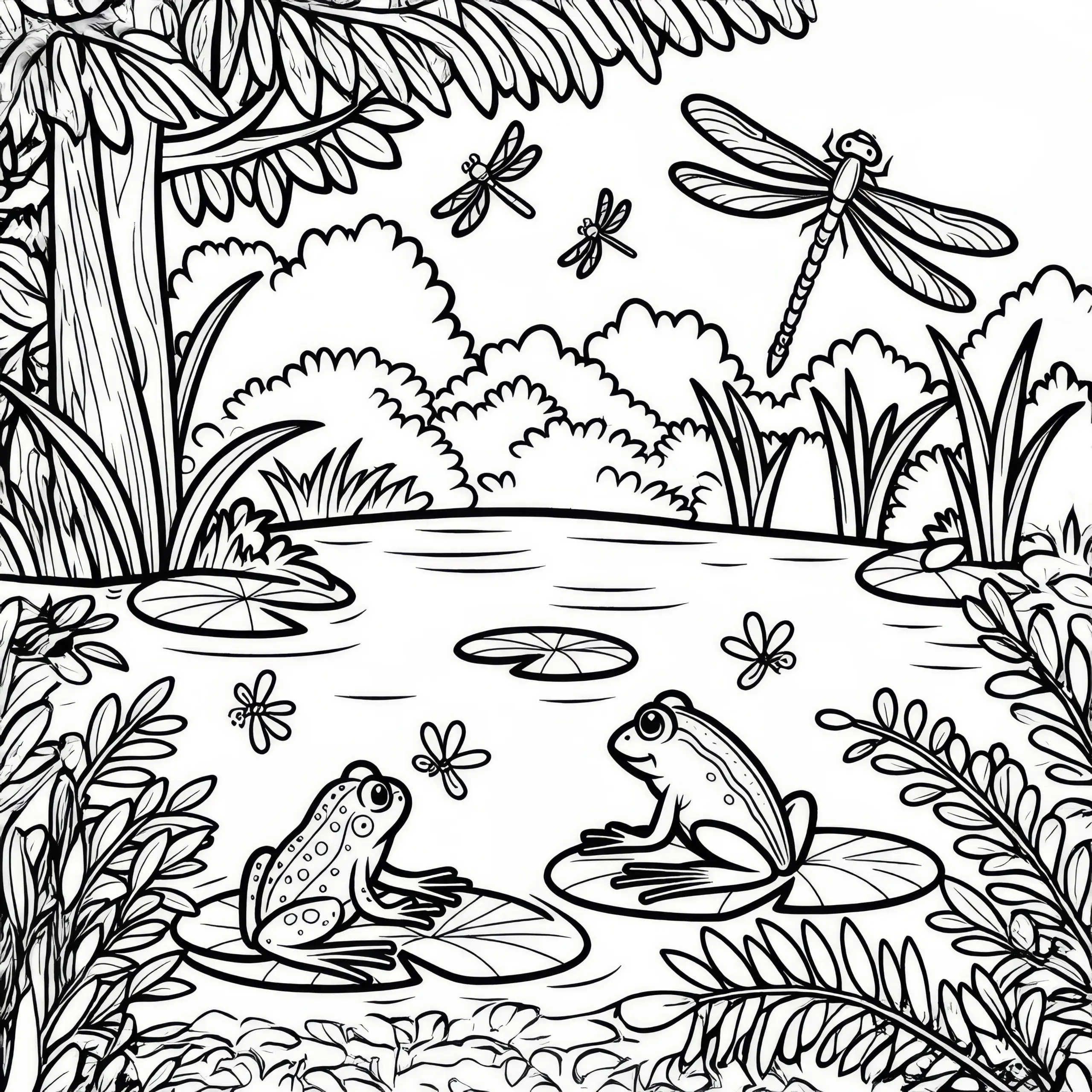 Libellen und Frösche an einem ruhigen Teich im Juni: Ausmalbild zum Download (Gratis)