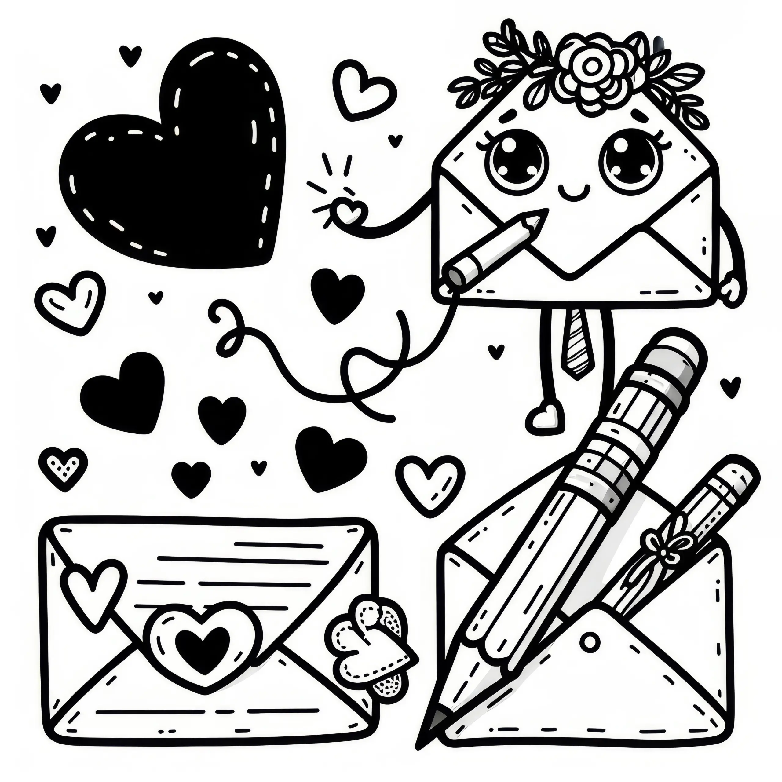 Liebesbrief zum Valentinstag: Einfache Malvorlage (Kostenlos) (Ausmalbild)