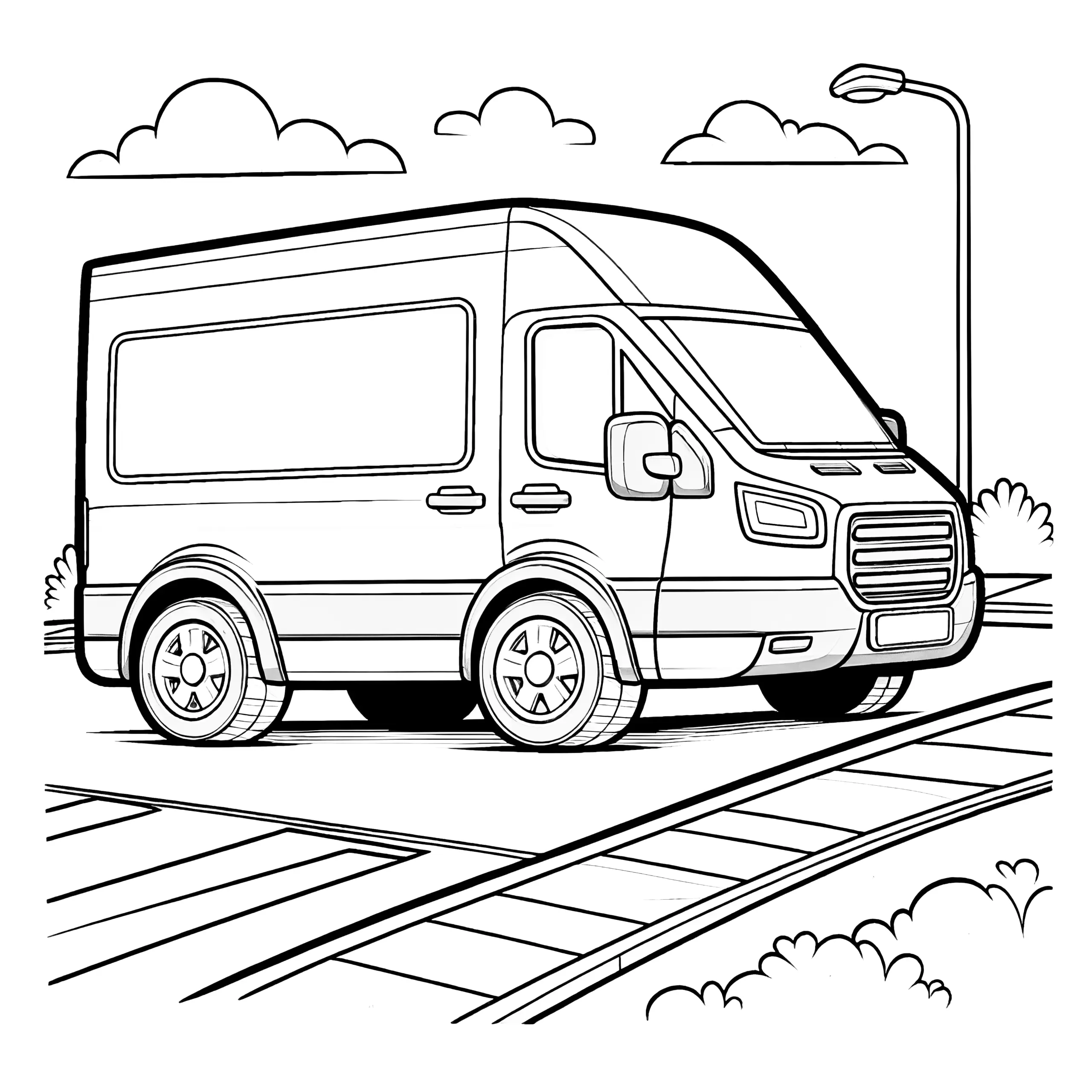 Lieferfahrzeug steht auf Parkplatz: Malvorlage zum Herunterladen (Gratis) (Ausmalbild)