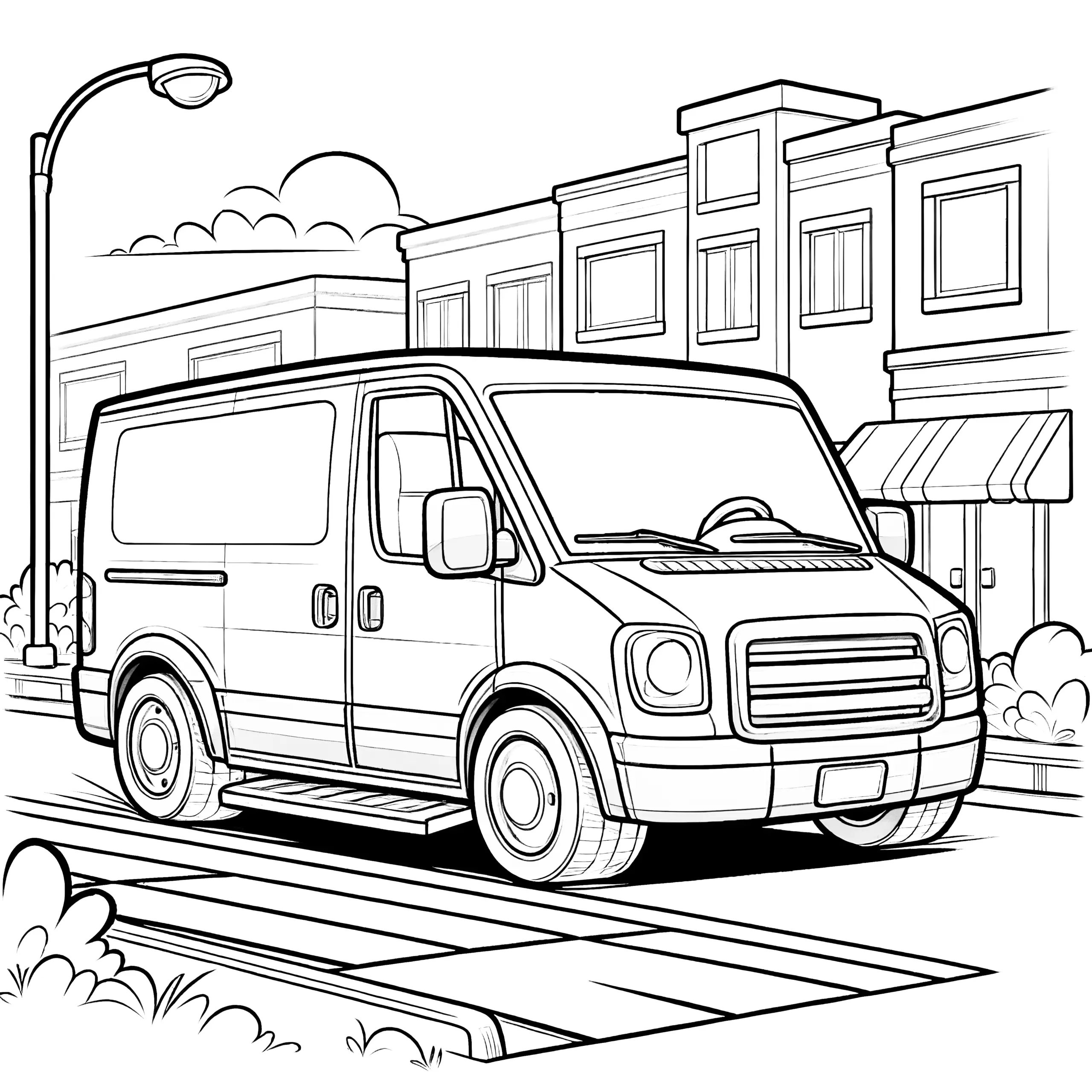 Lieferwagen in der Stadt: Malvorlage zum Download (Gratis) (Ausmalbild)