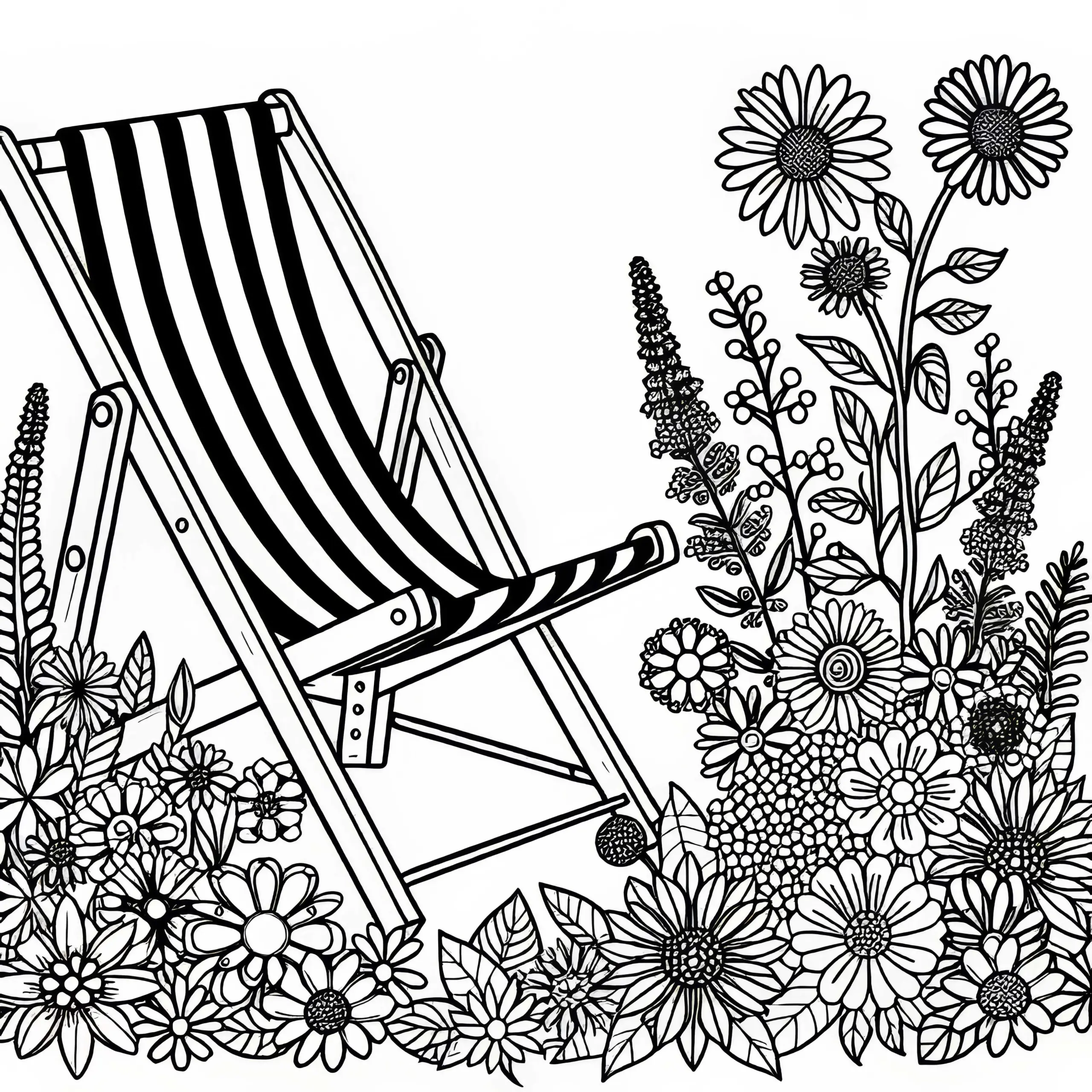 Liegestuhl steht neben Beet mit Sommerblumen – Malvorlage kostenlos (Ausmalbild)