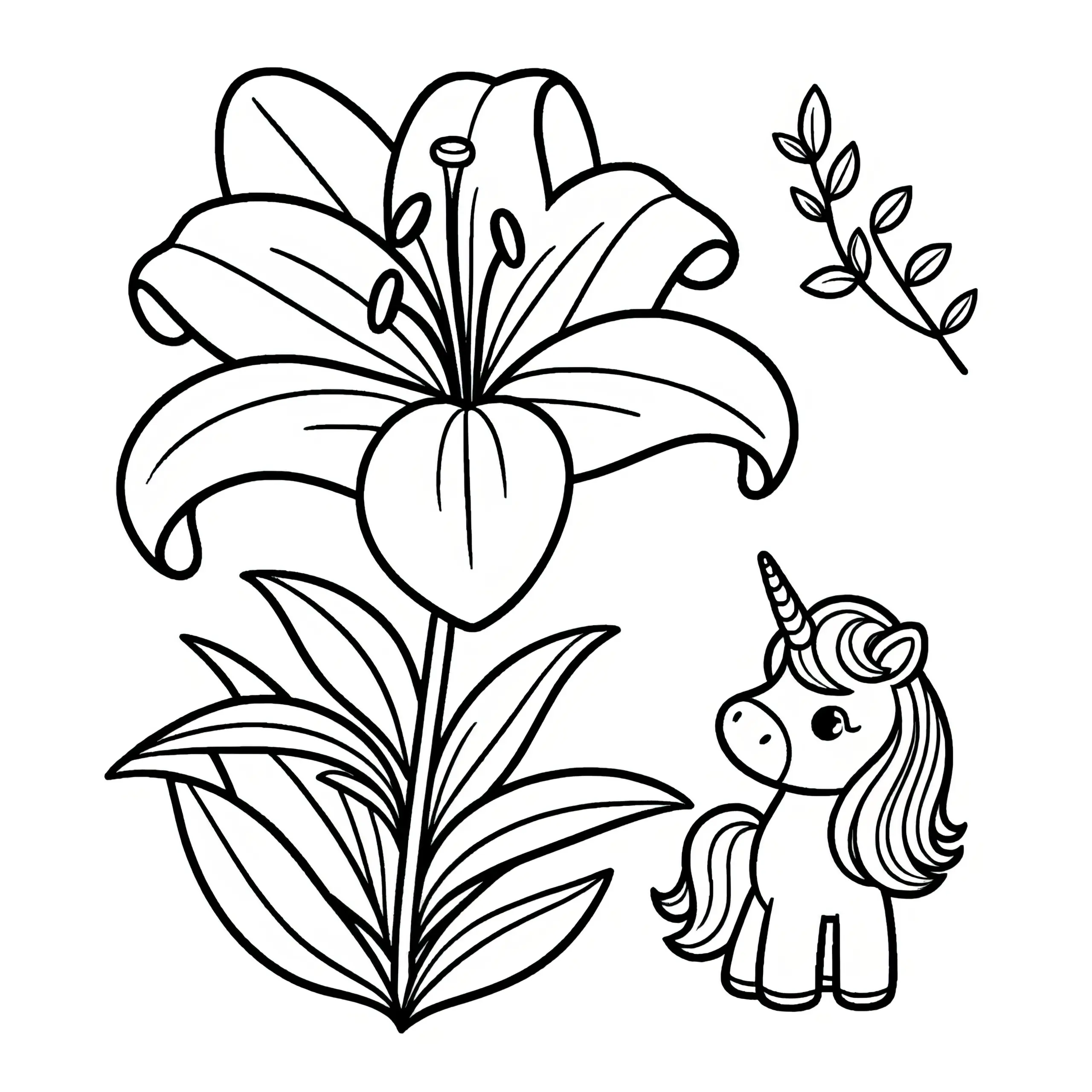 Lilie und Einhorn: Einfache Malvorlage für Kinder (Gratis) (Ausmalbild)