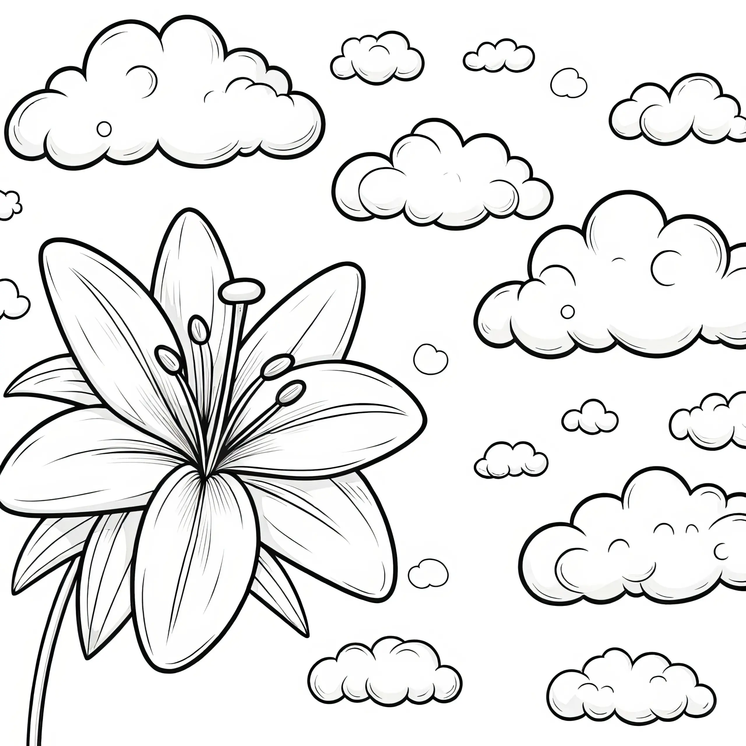Lilienblüte und fluffige Wolken: Ausmalbild zum Download (Kostenlos)