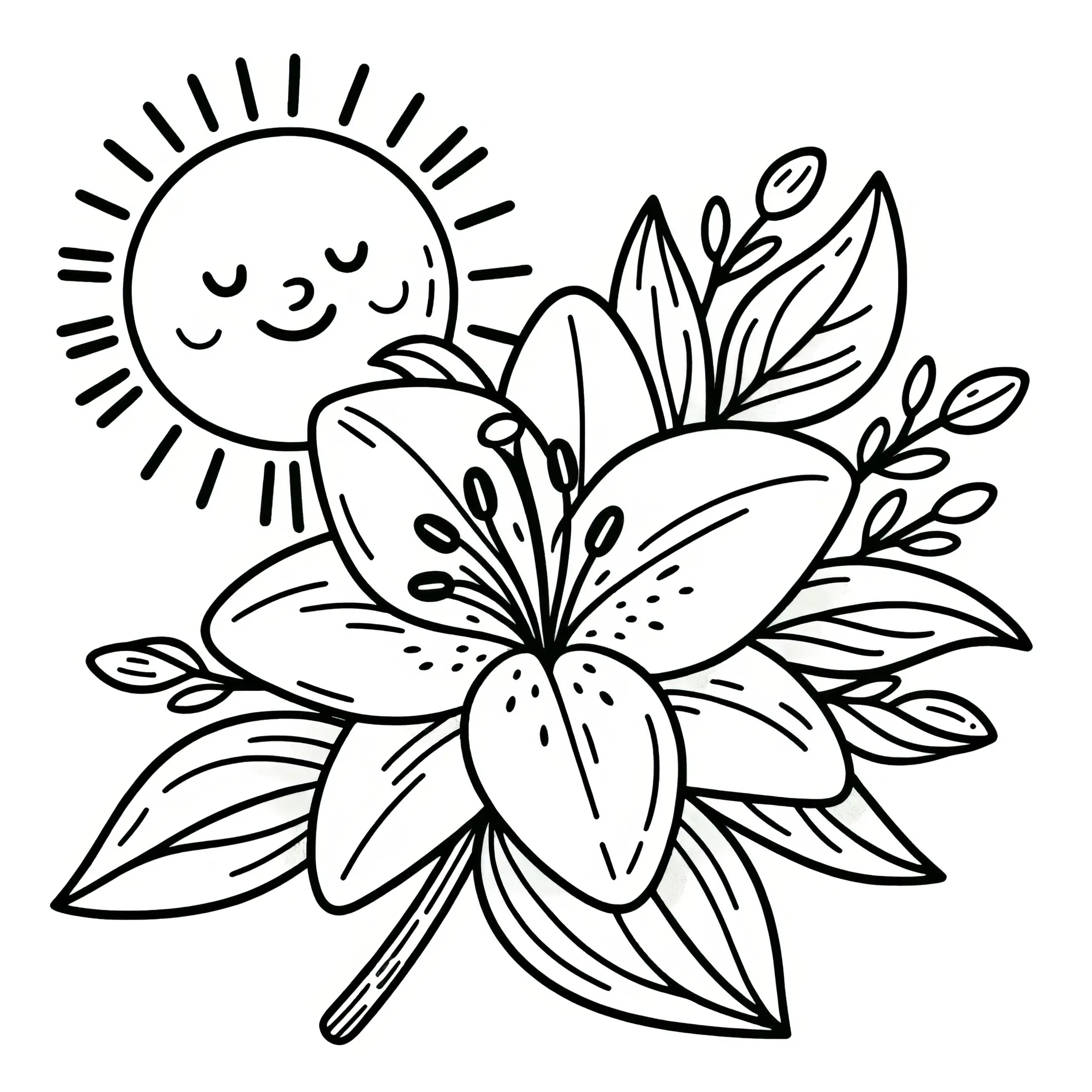 Lilienblüte mit Sonnenstrahlen zum Ausmalen (Gratis) (Ausmalbild)