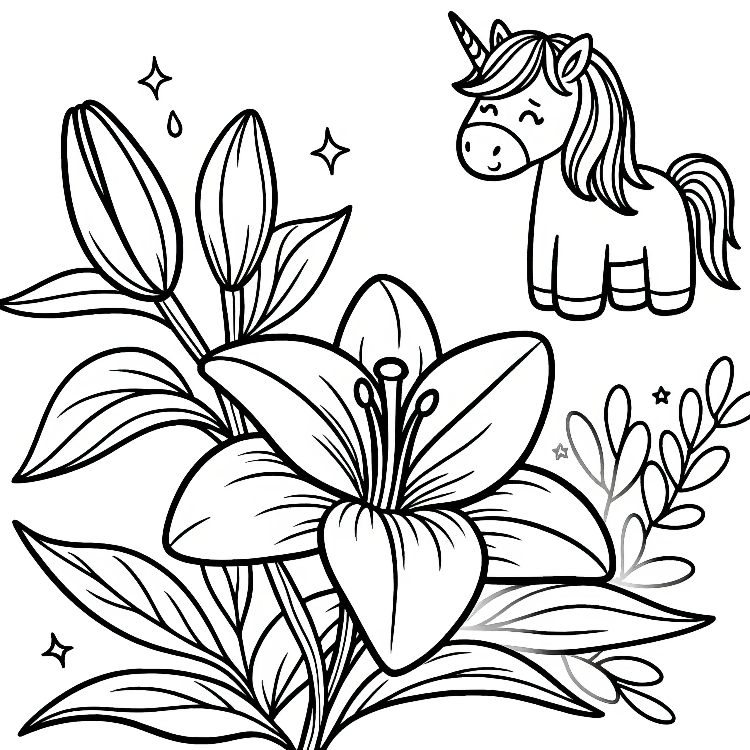 Lilienblüten mit freundlichem Einhorn: Kostenloses Ausmalbild