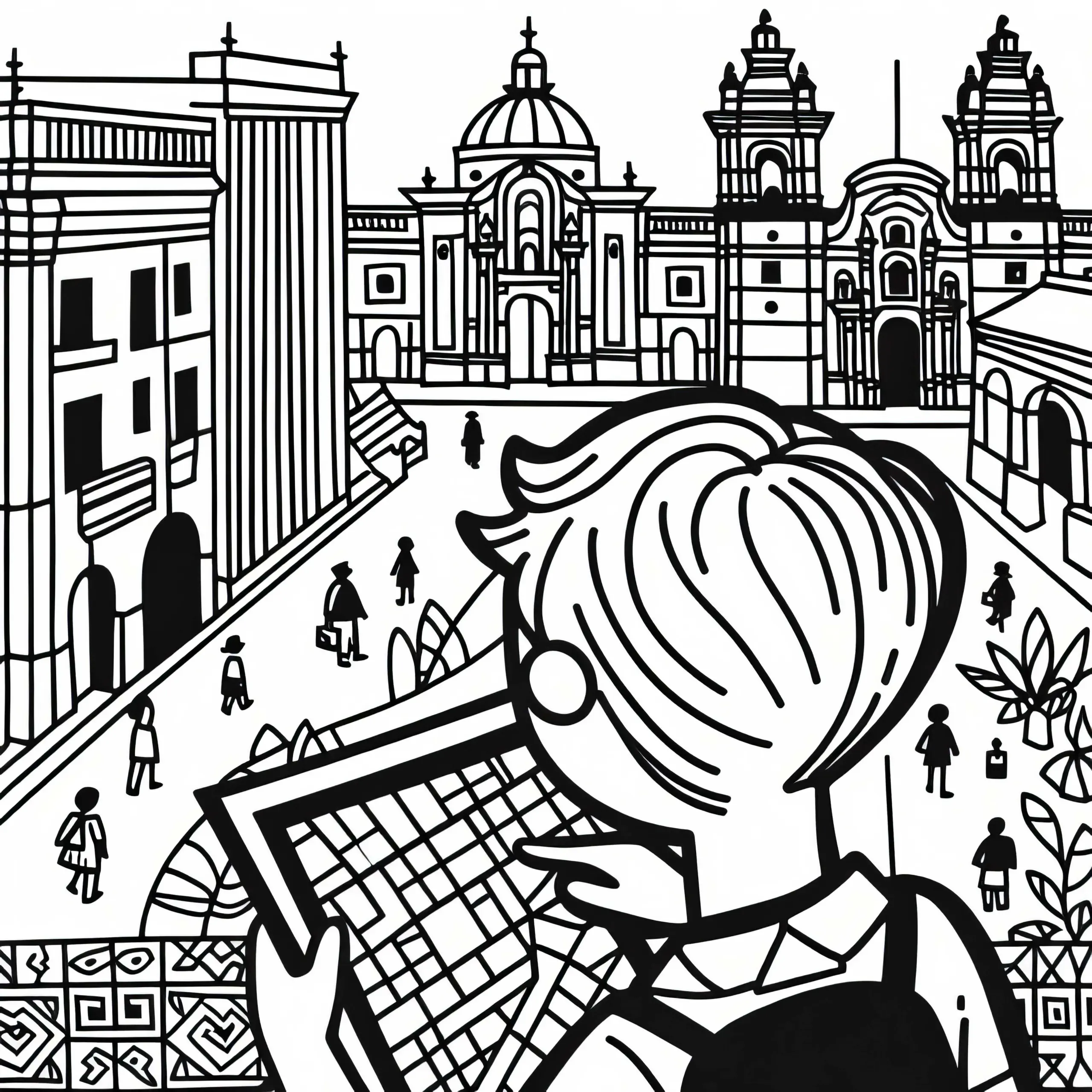 Lima: Junge erkundet Stadt mit einem Stadtplan in der Hand – Malvorlage kostenlos (Ausmalbild)
