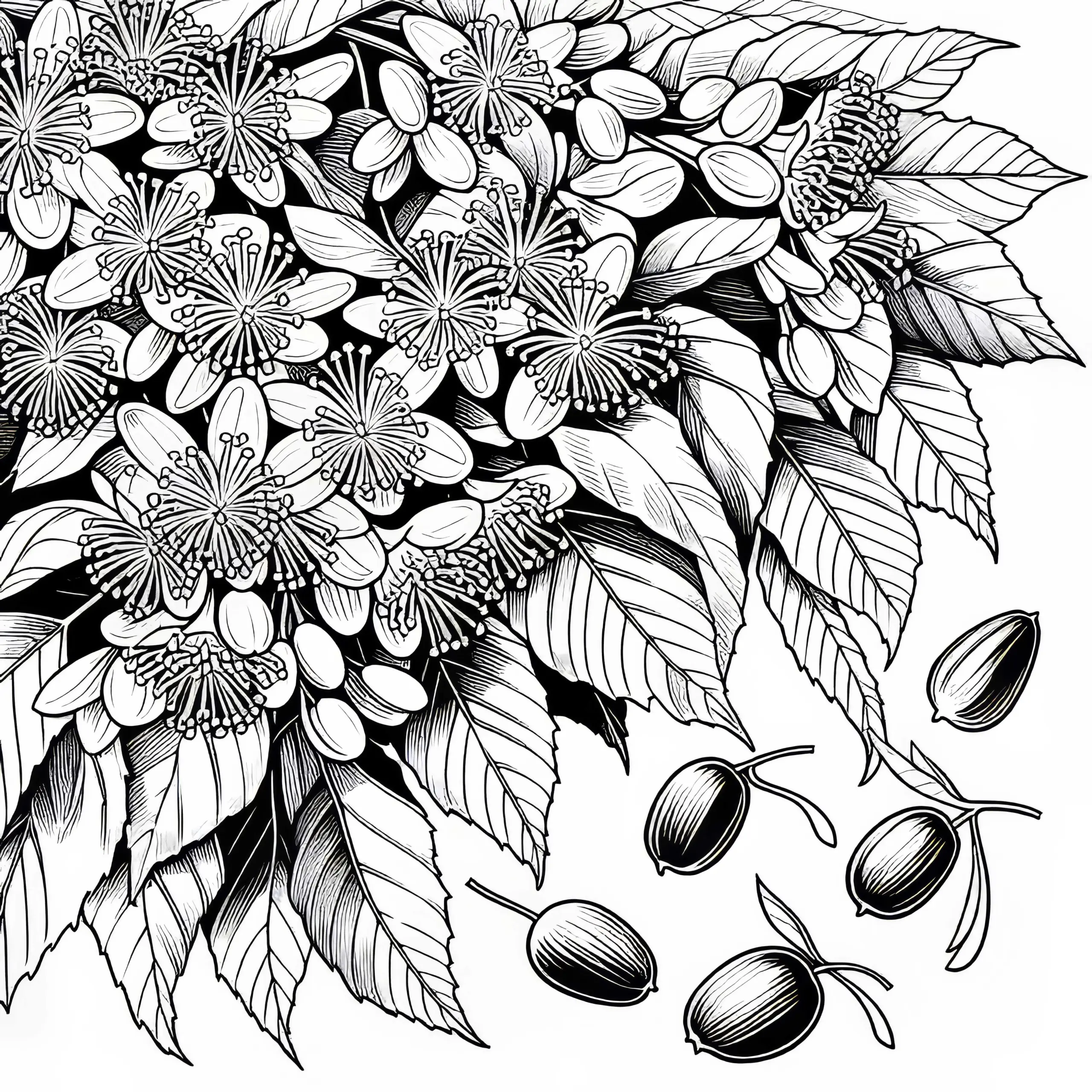Lindenblüten und Flügelnüsse an Linde – Malvorlage kostenlos (Ausmalbild)