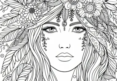 Lineart-Gesicht mit floraler Verzierung – Malvorlage für Mädchen ab zwölf kostenlos
