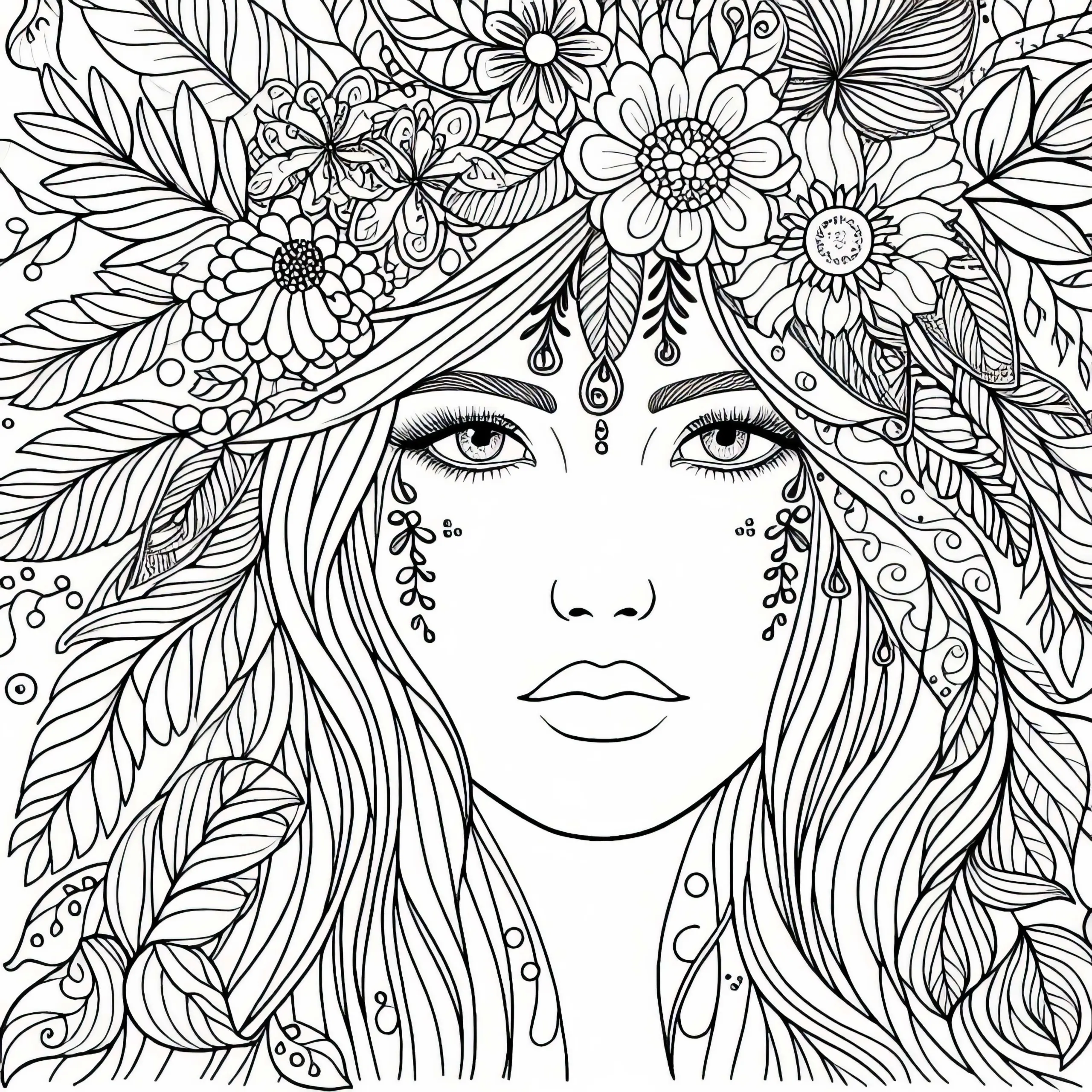 Lineart-Gesicht mit floraler Verzierung – Malvorlage für Mädchen ab zwölf kostenlos (Ausmalbild)