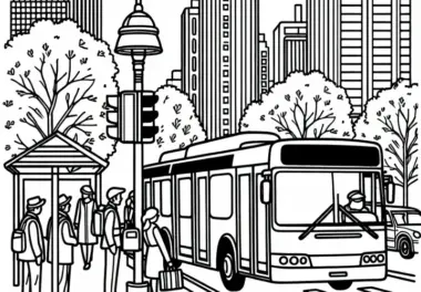 Linienbus steht an Haltestelle mit wartenden Fahrgästen – Malvorlage kostenlos