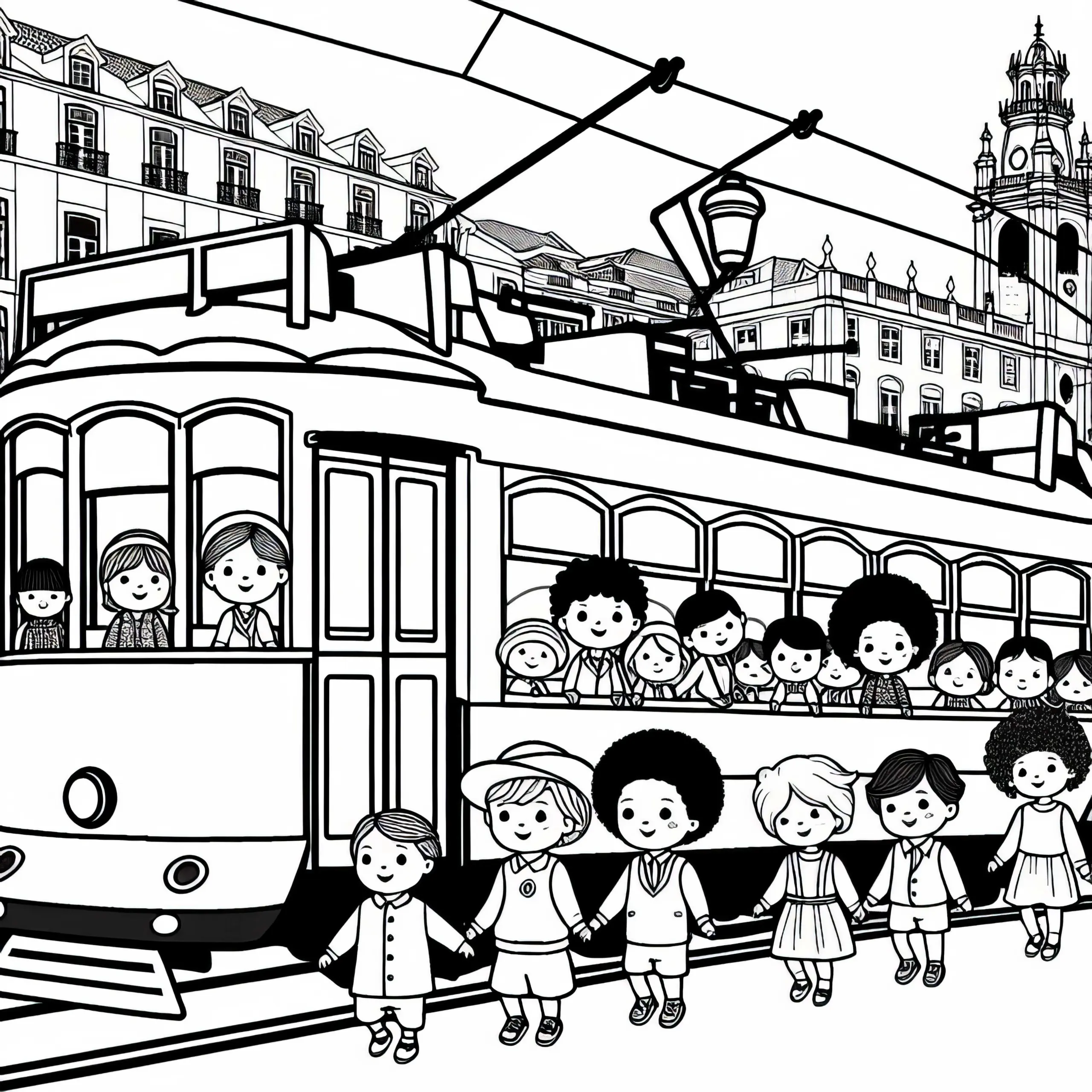Lissabon: Kinder steigen in eine der alten Straßenbahnen – Ausmalbild gratis