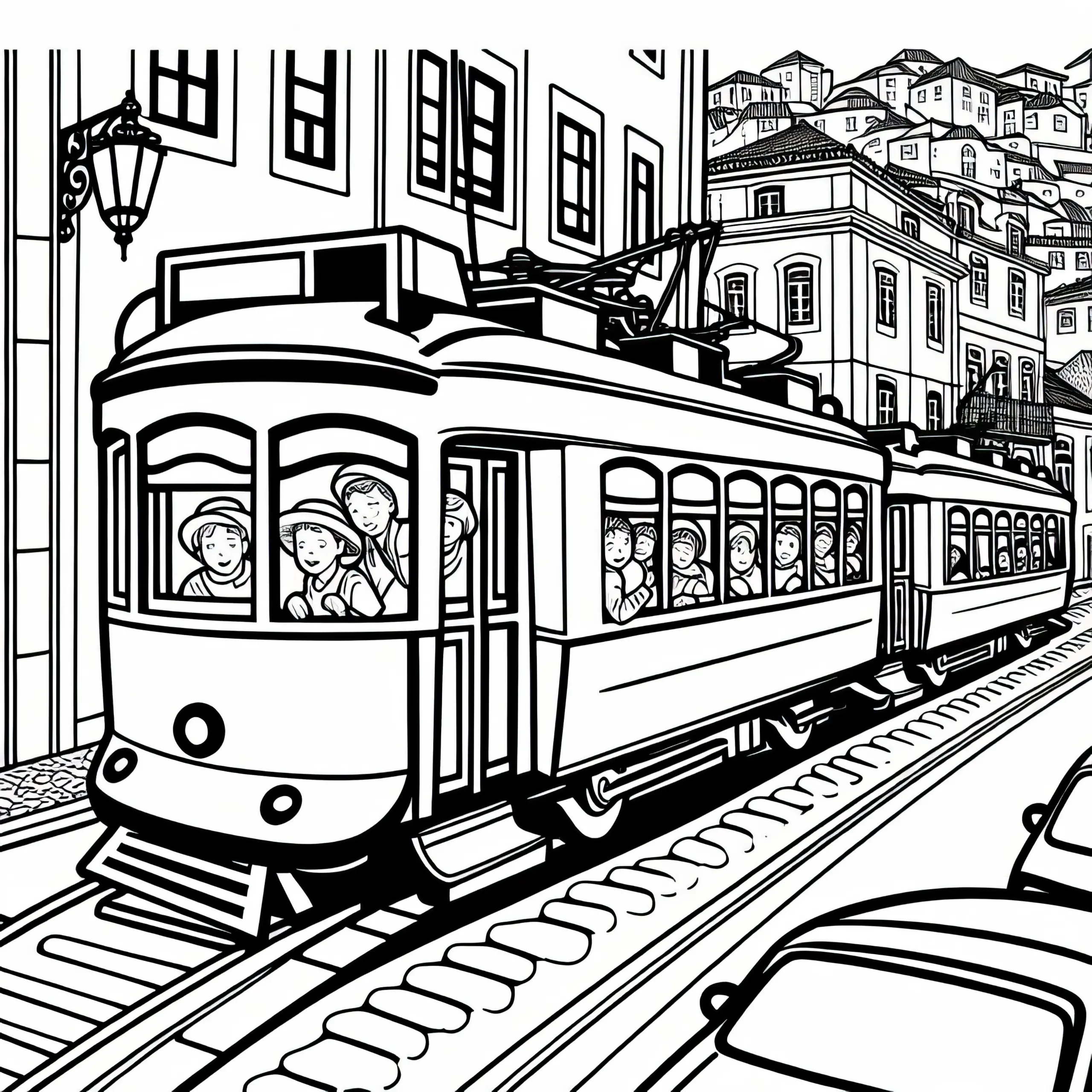 Lissabon Zug fährt durch die engen Straßen – Ausmalbild kostenlos