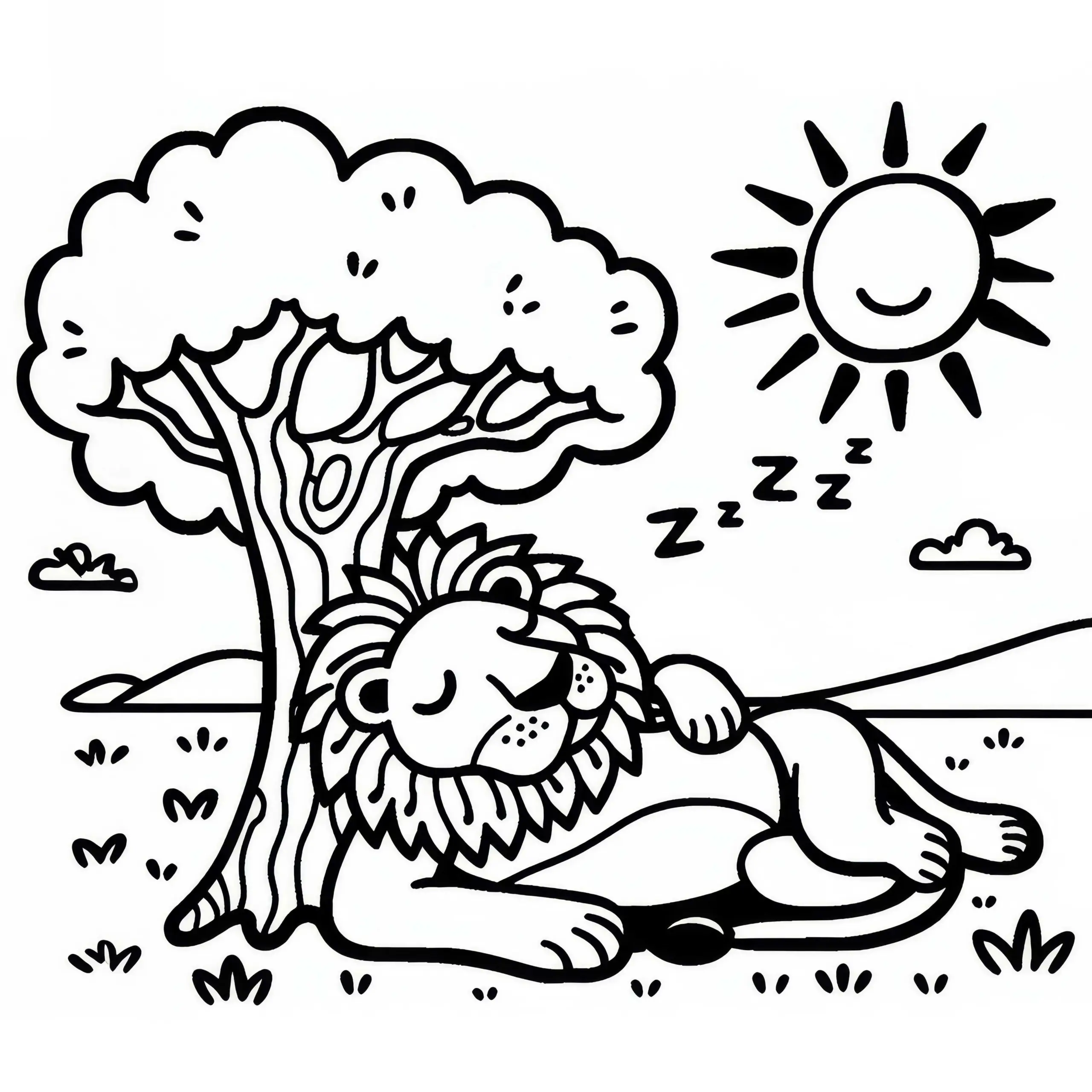 Löwe entspannt unter einem Baum: Einfache Malvorlage (Kostenlos) (Ausmalbild)