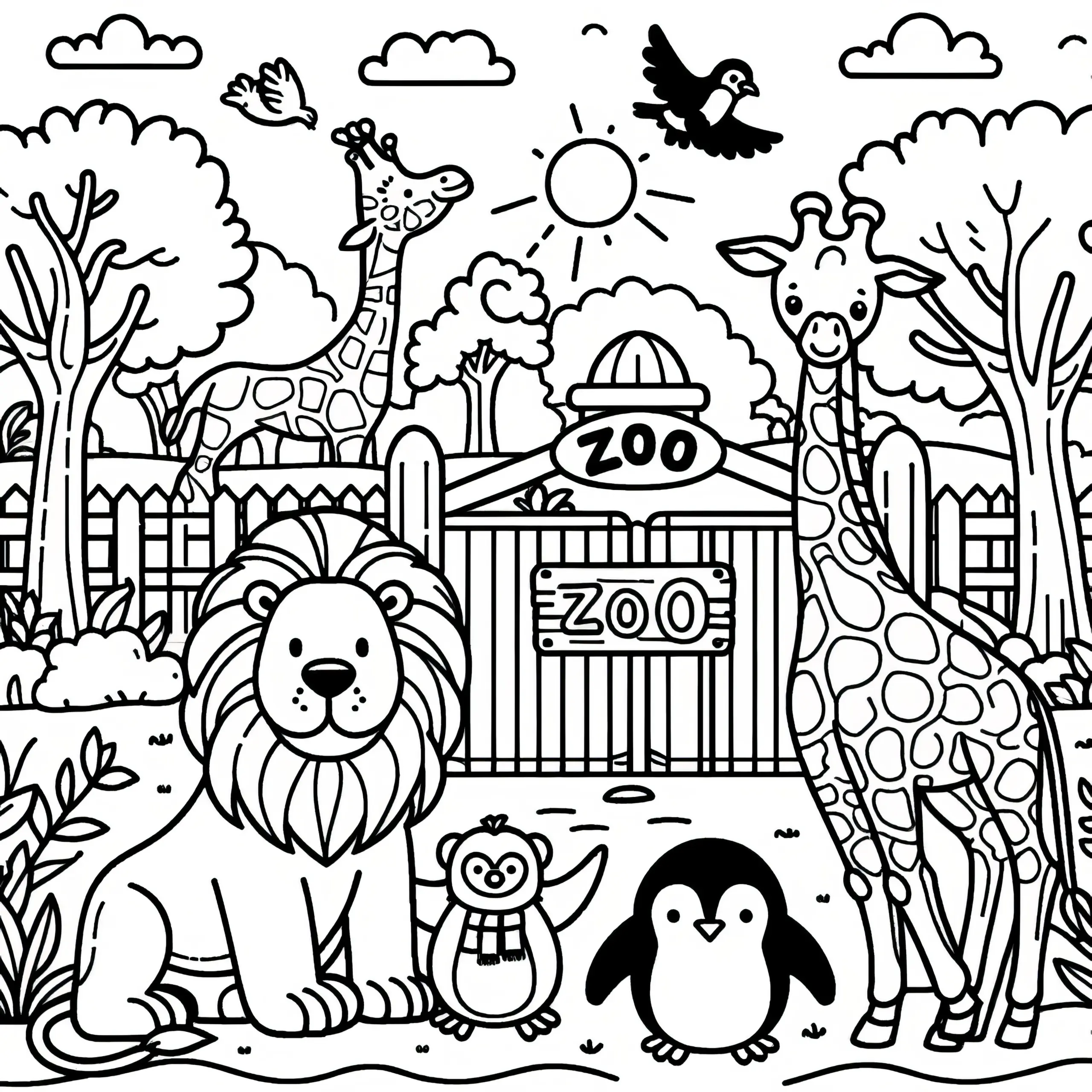 Löwe, Giraffen und Pinguin im Zoo: Niedliches Ausmalbild zum Download (Gratis)
