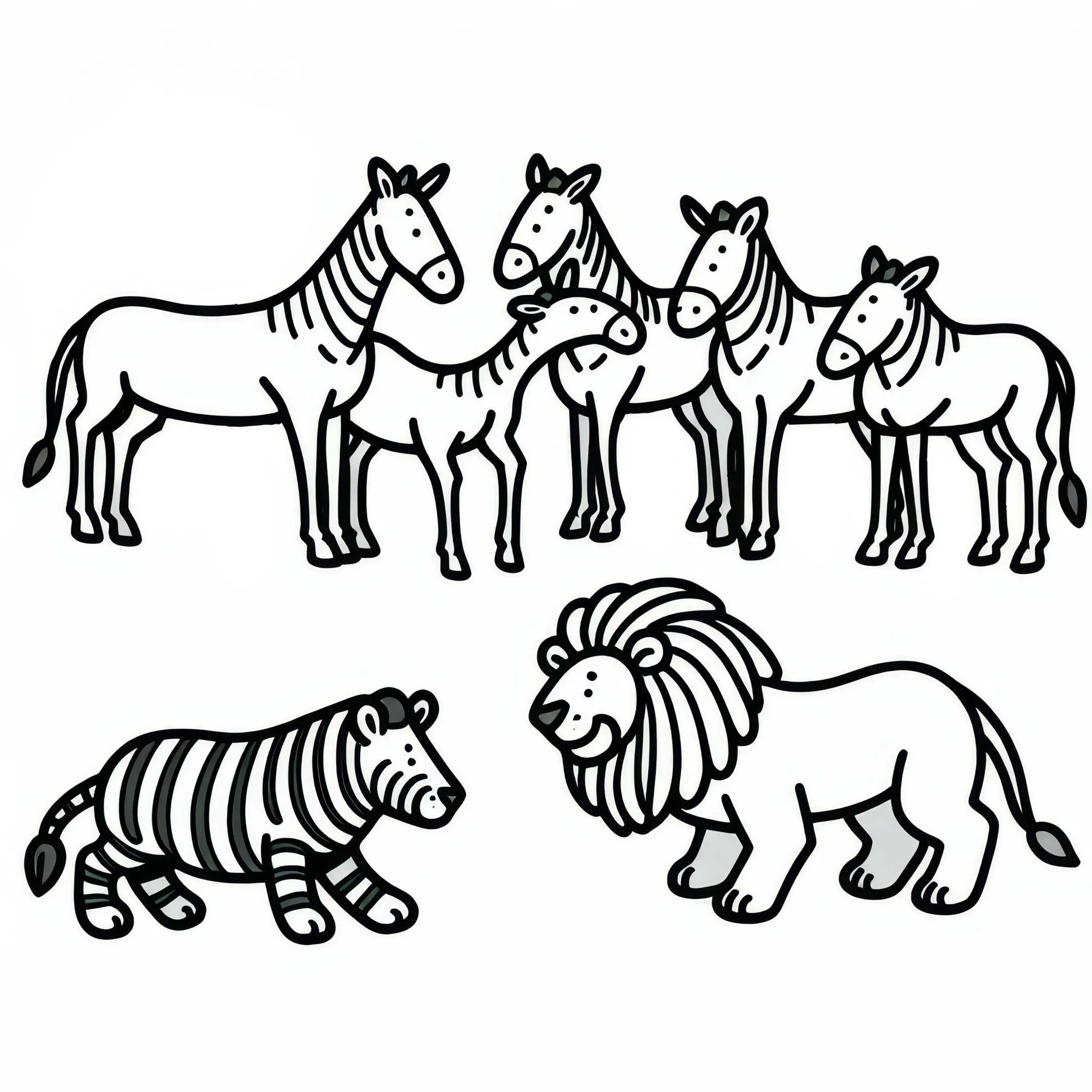 Löwe und eine Gruppe Zebras: Ausmalbild zum Download (Gratis)