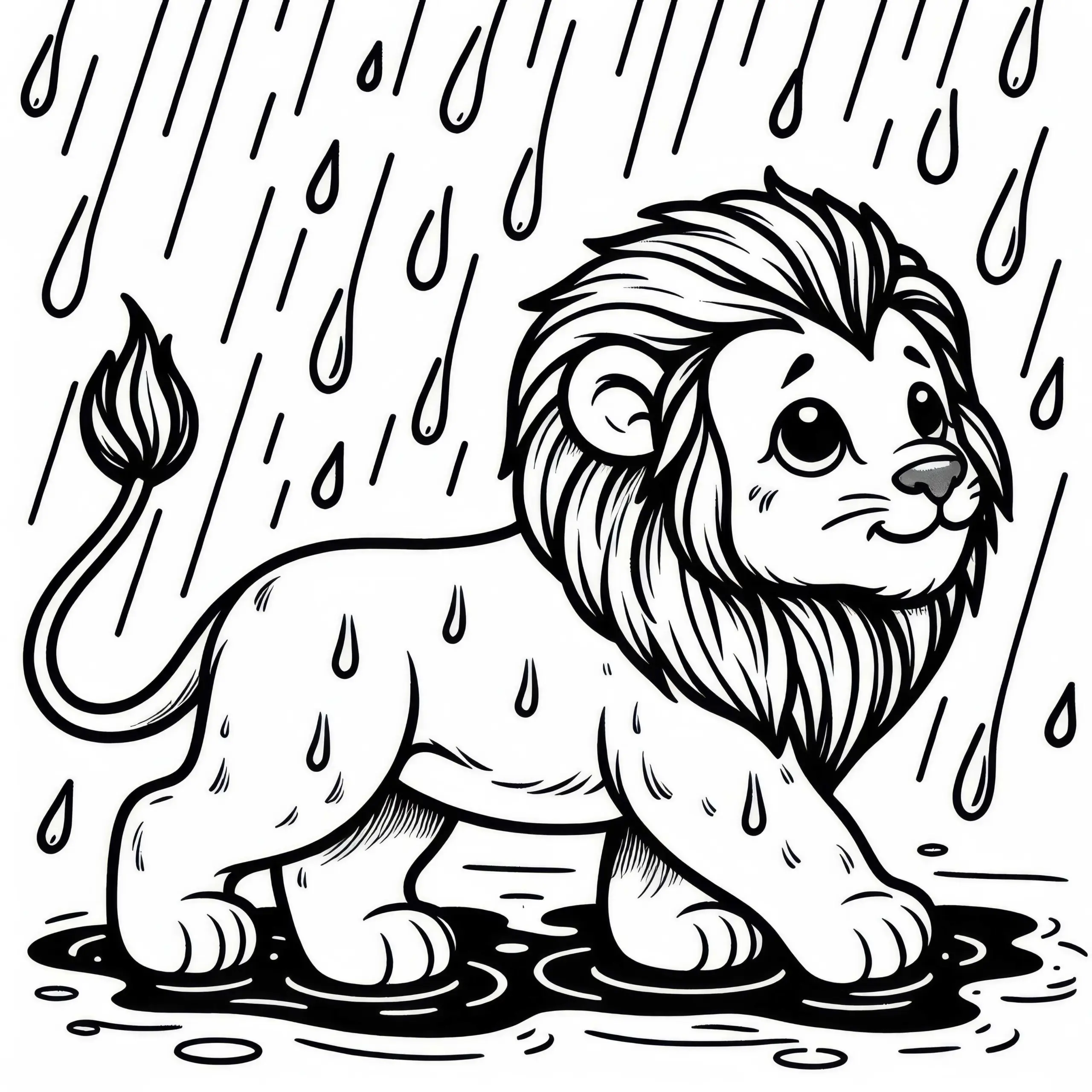 Löwe im Regen: Malvorlage zum Herunterladen (Gratis) (Ausmalbild)