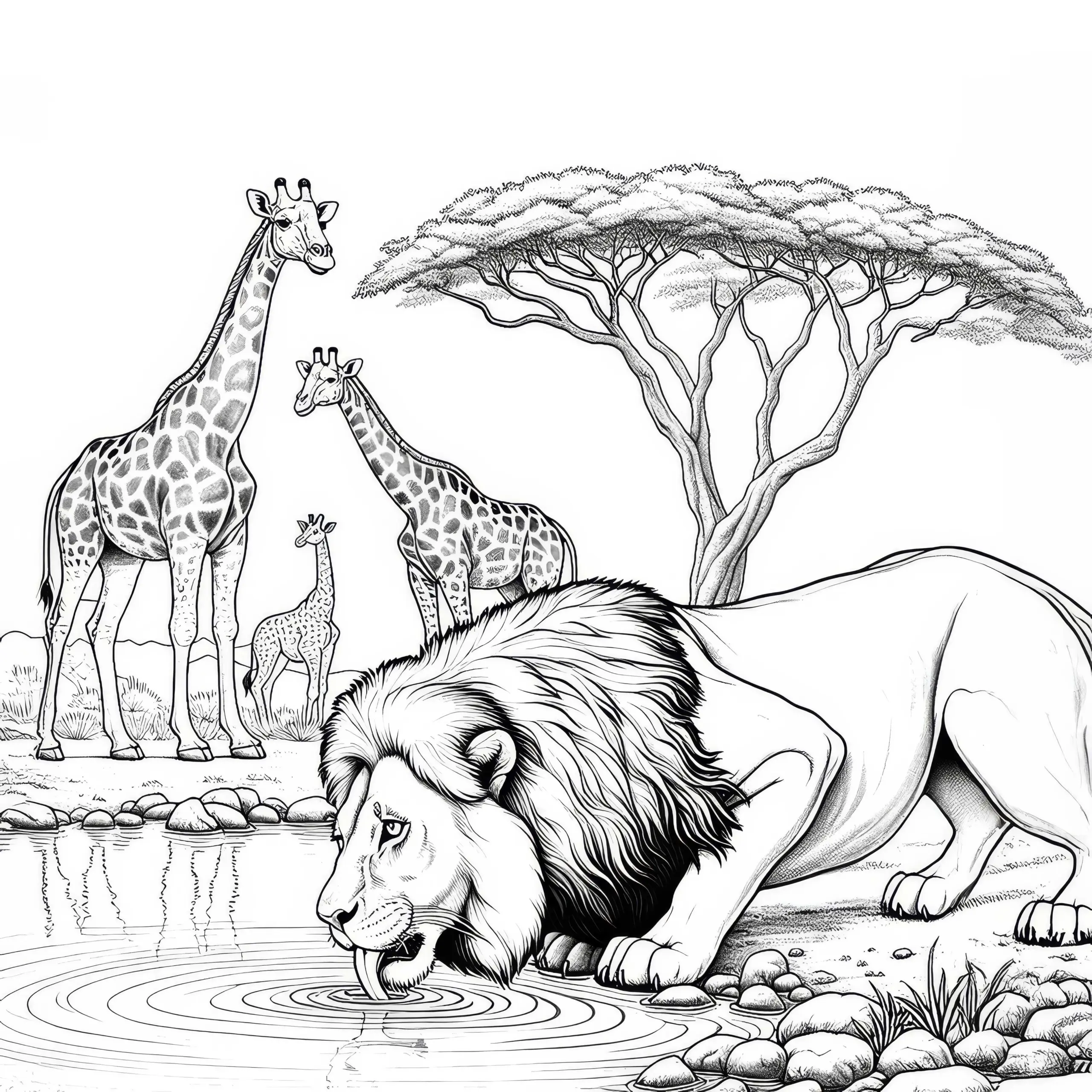 Löwe am Wasserloch mit Giraffen im Hintergrund: Detailreiches Ausmalbild zum Download (Gratis)