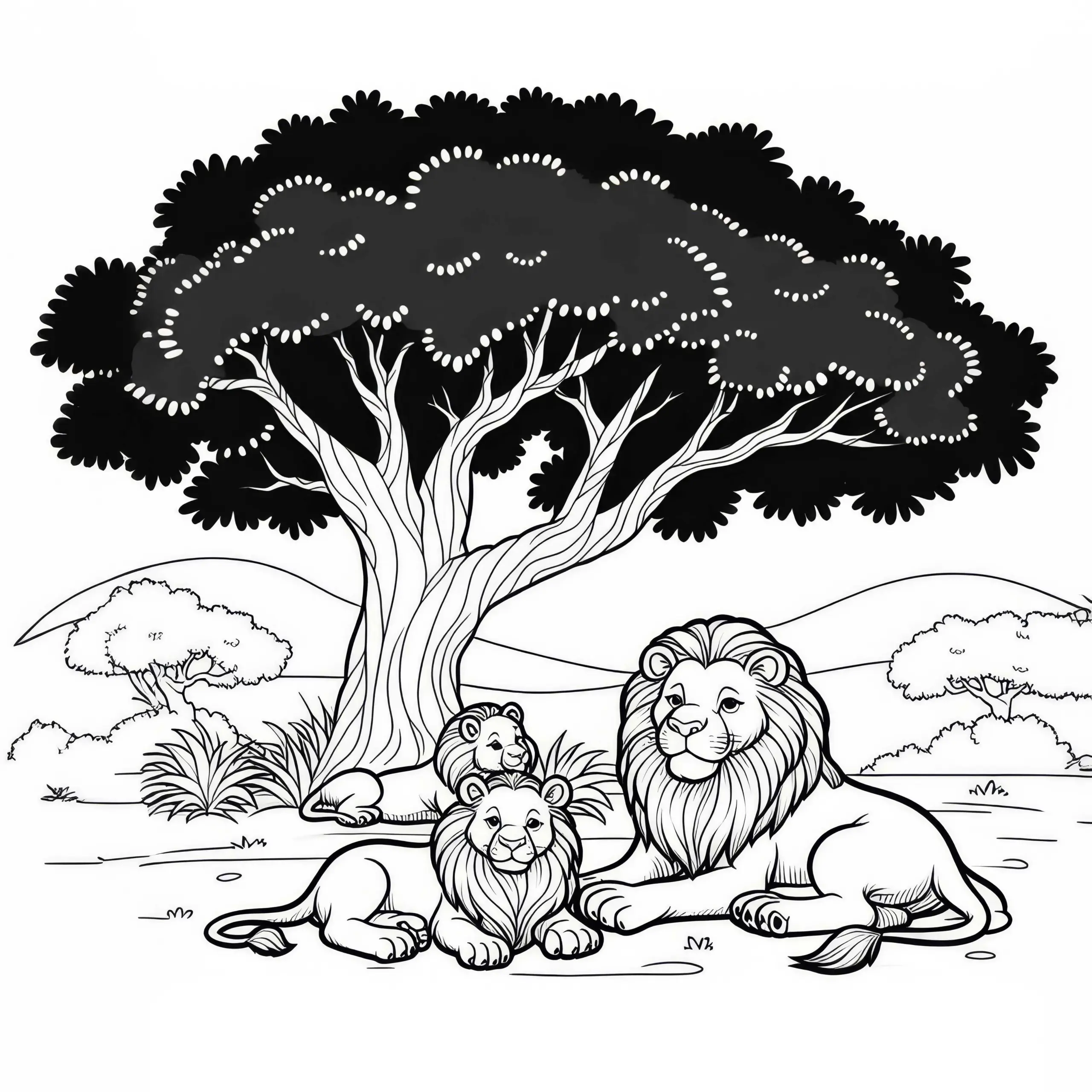 Löwenfamilie unter einem Baum: Einfache Malvorlage (Gratis) (Ausmalbild)